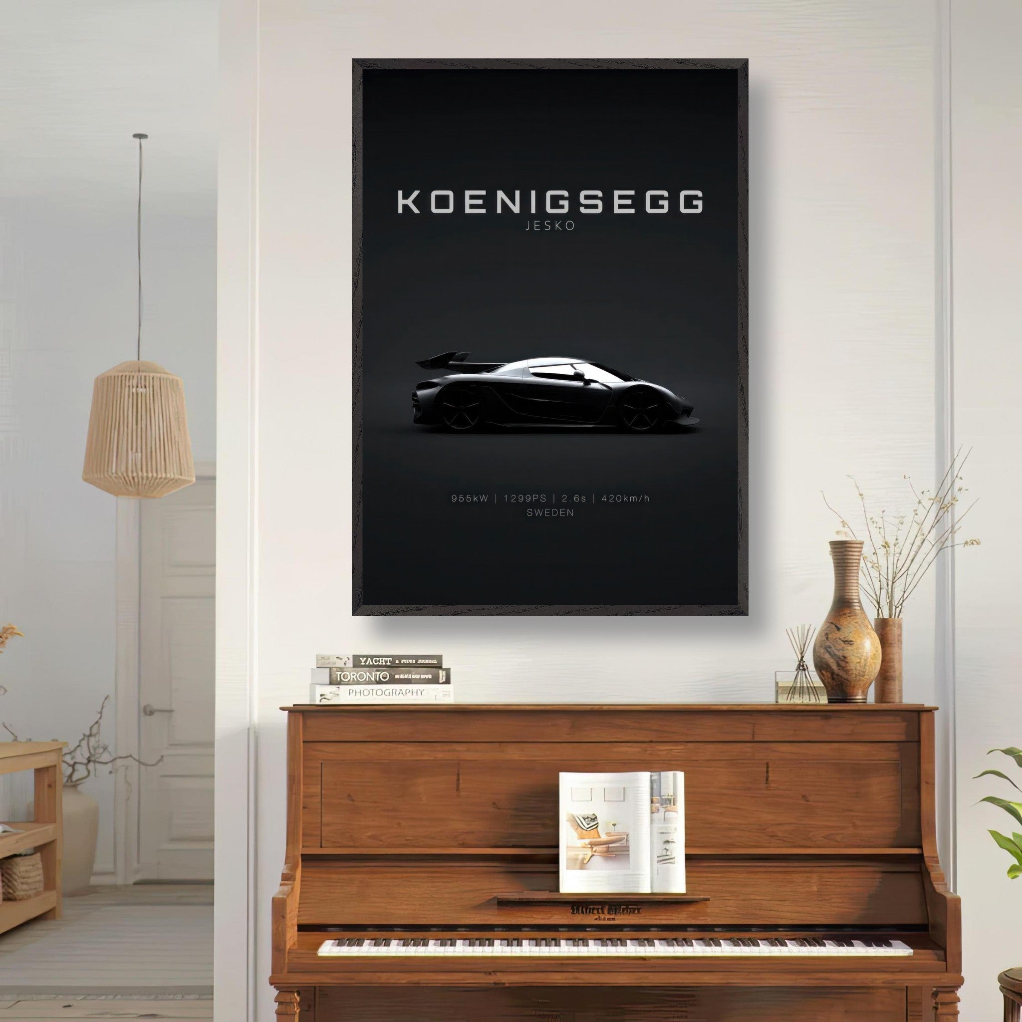 Koenigsegg Jesko vintage framed art displayed in a stylish interior setting, highlighting its sleek design.