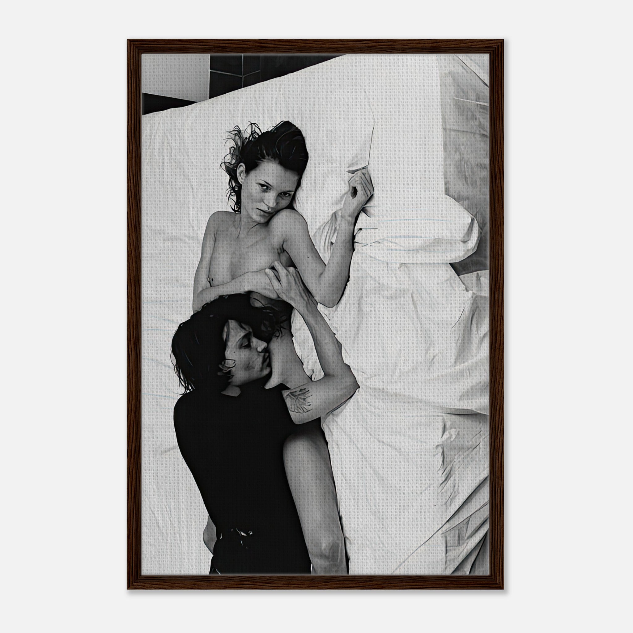 Kate Moss and Johnny Depp framed canvas print from 1994, showcasing an intimate black-and-white moment captured by Annie Leibovitz.