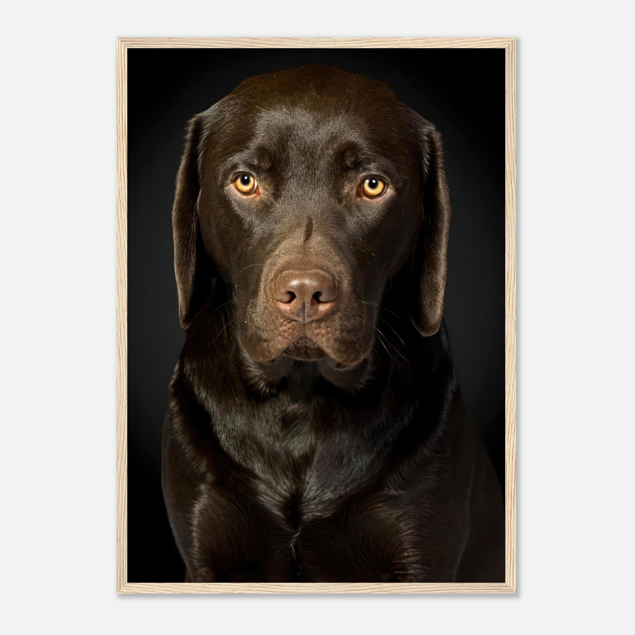 Framed portrait of a Chocolate Labrador Retriever with amber eyes on a black background.