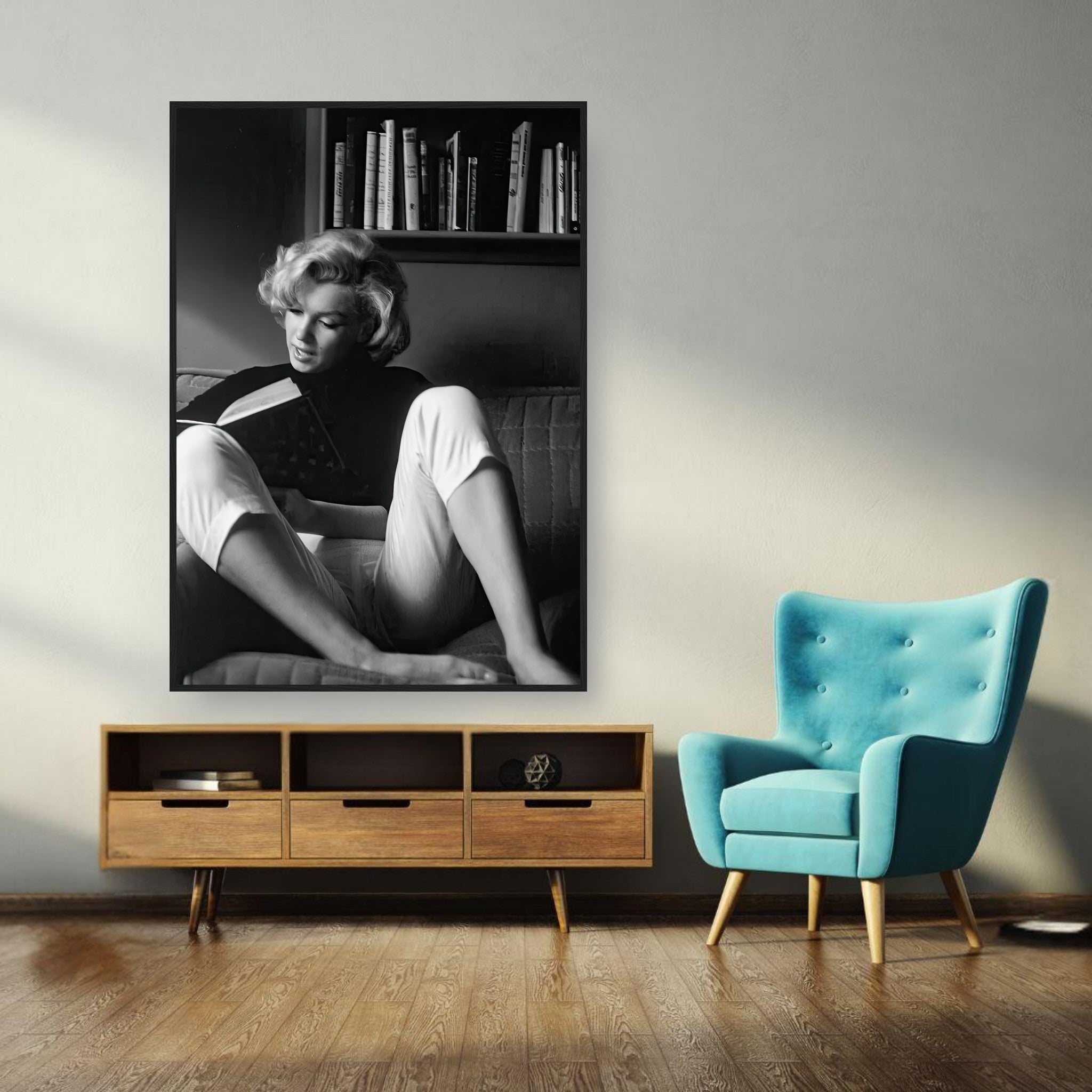 Marilyn Monroe reading at home, black-and-white framed print, classic Hollywood elegance.