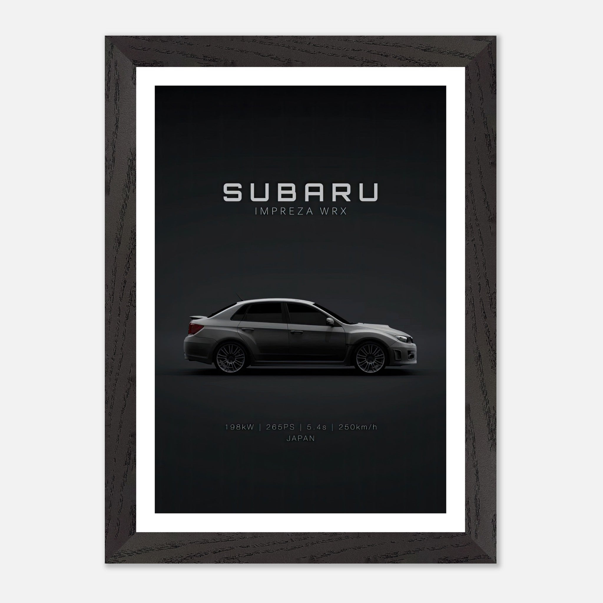 Subaru WRX vintage framed art showcasing the iconic Impreza WRX in a sleek profile against a dark backdrop.