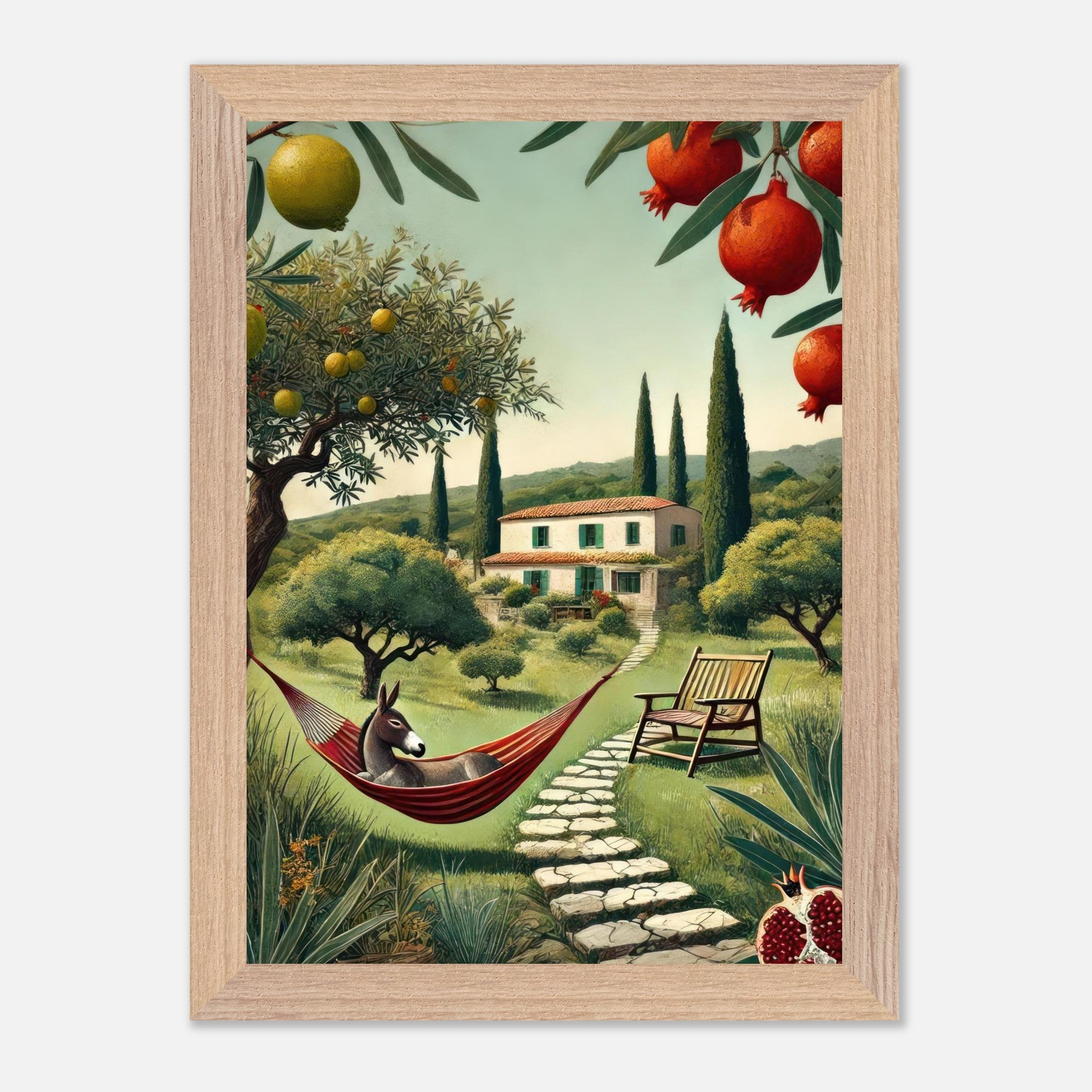 Mediterranean rural landscape vintage print featuring a villa, olive trees, and a hammock with a donkey.