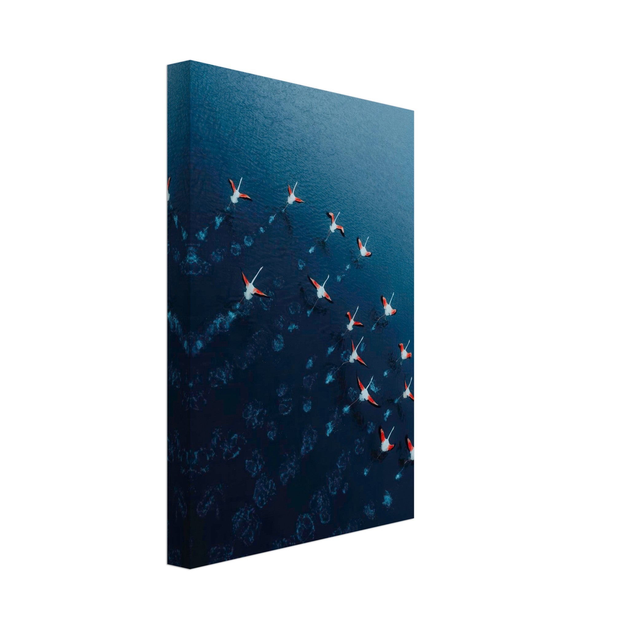 Aerial view of flamingos flying over deep blue waters in a stunning canvas print.