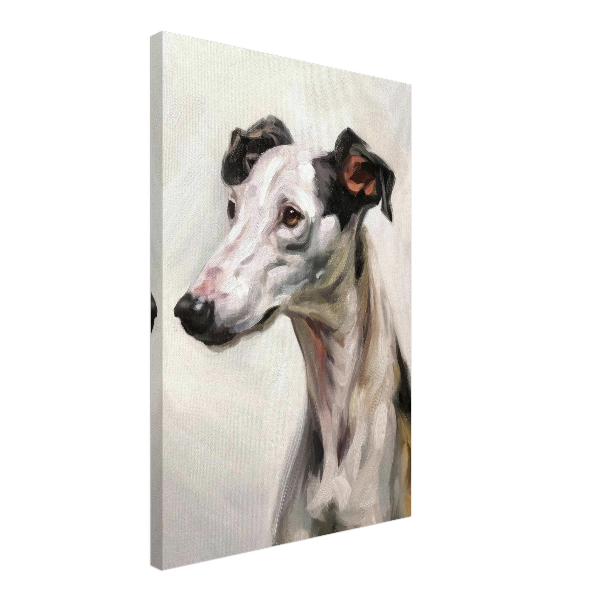 Greyhound dog painting canvas print showcasing a detailed portrait of a Greyhound's elegant features.