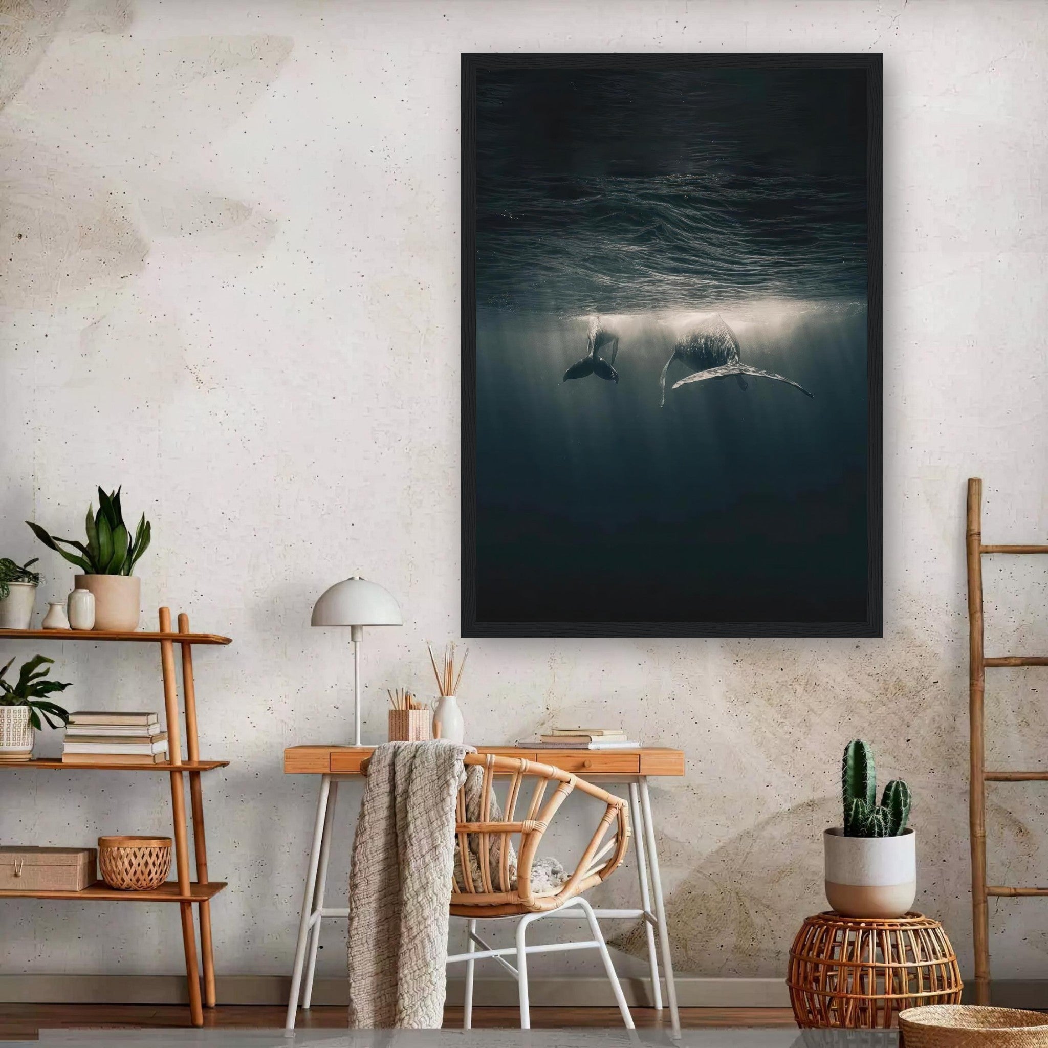 Framed print of whales swimming underwater, capturing marine serenity and sunlight reflections.