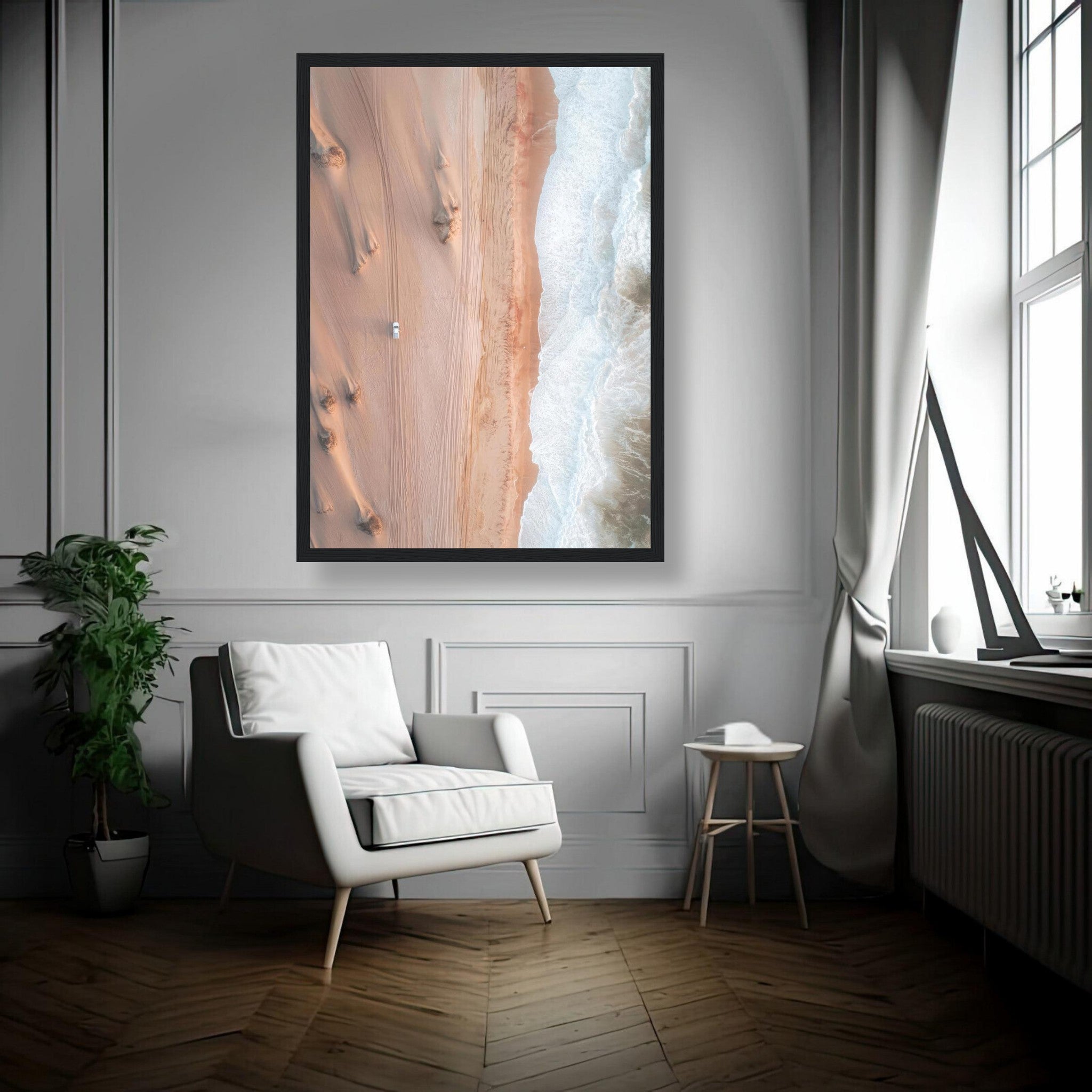 Framed print of drone photography showing the desert meeting the ocean, enhancing modern home decor.