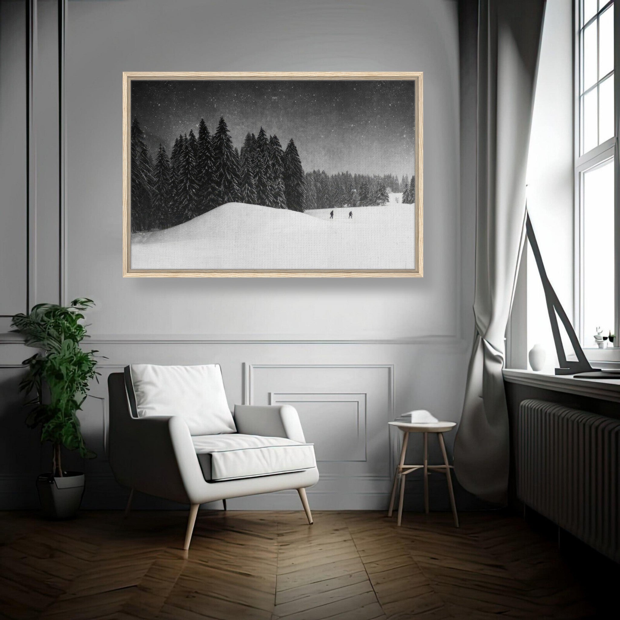 Winter Crossing framed canvas print showcasing snow-covered evergreens in a serene living room setting.
