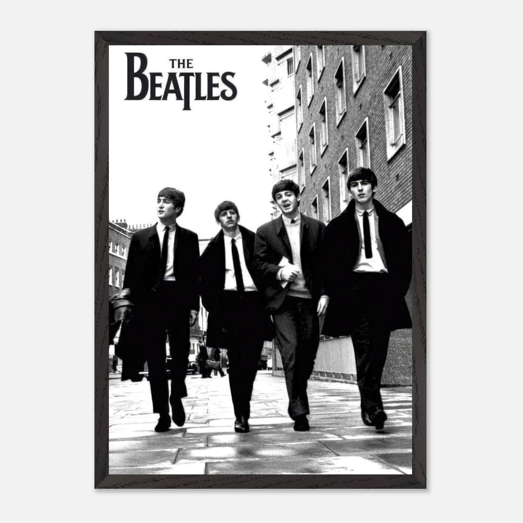 The Beatles fine art cover featuring iconic black-and-white image of the band walking in the city.