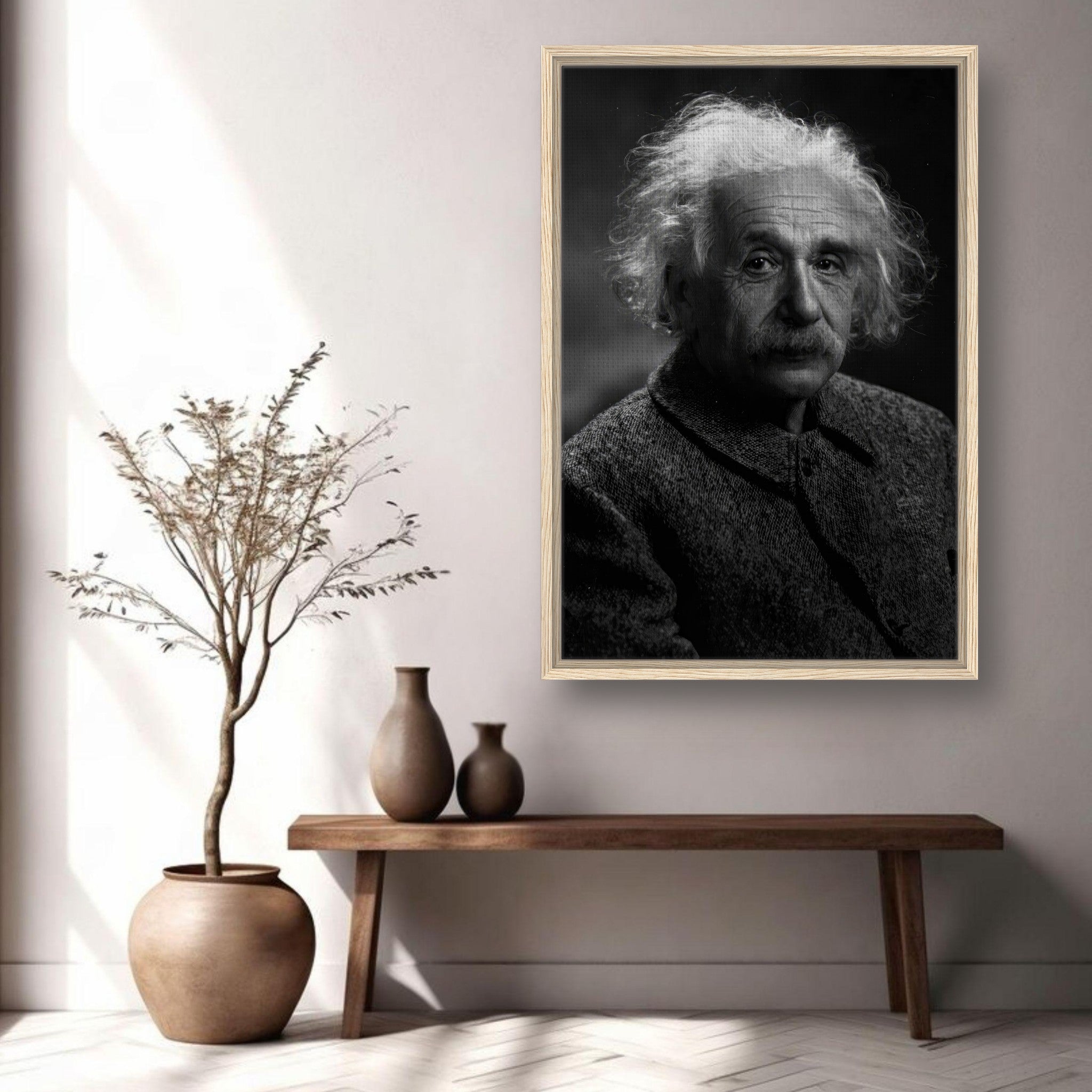 Framed black and white portrait of Albert Einstein displayed in a modern living room setting.