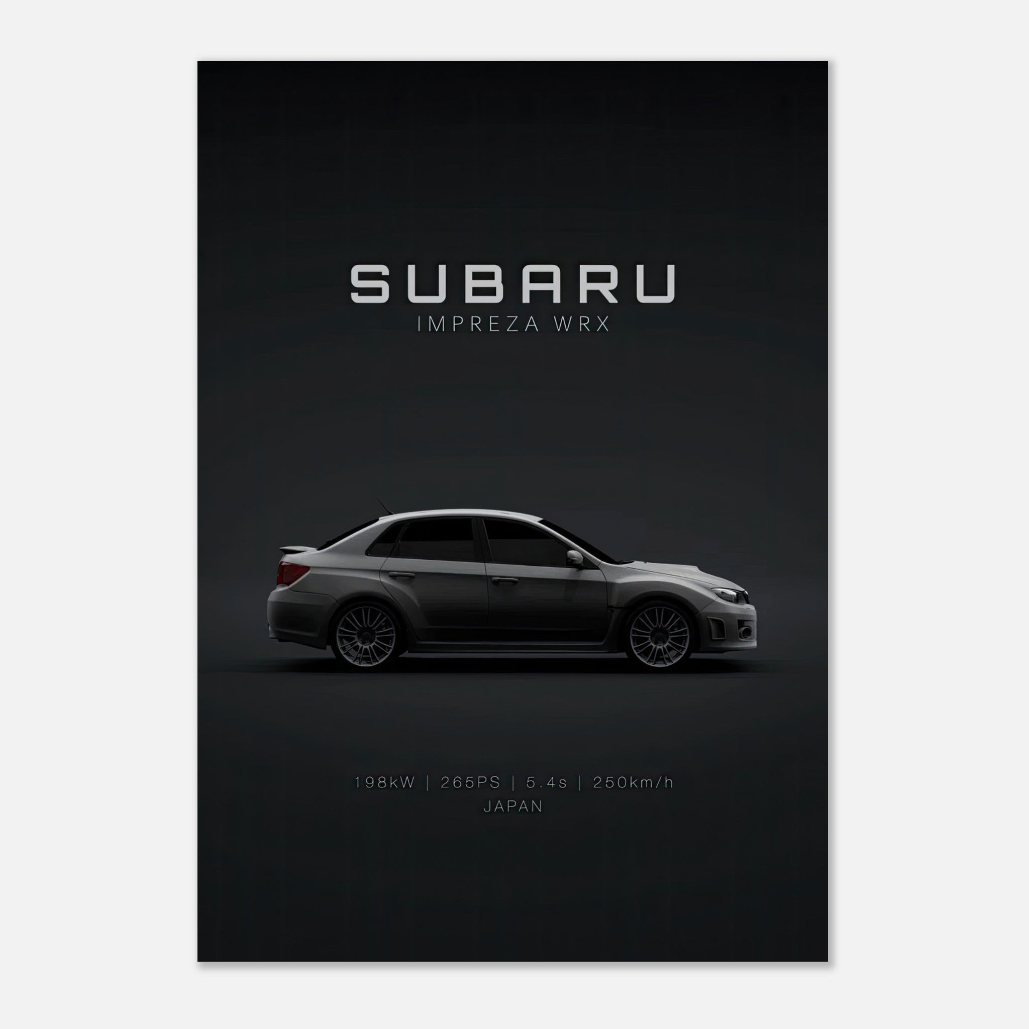 Subaru WRX poster showcasing the iconic car on a dark background with performance specs.