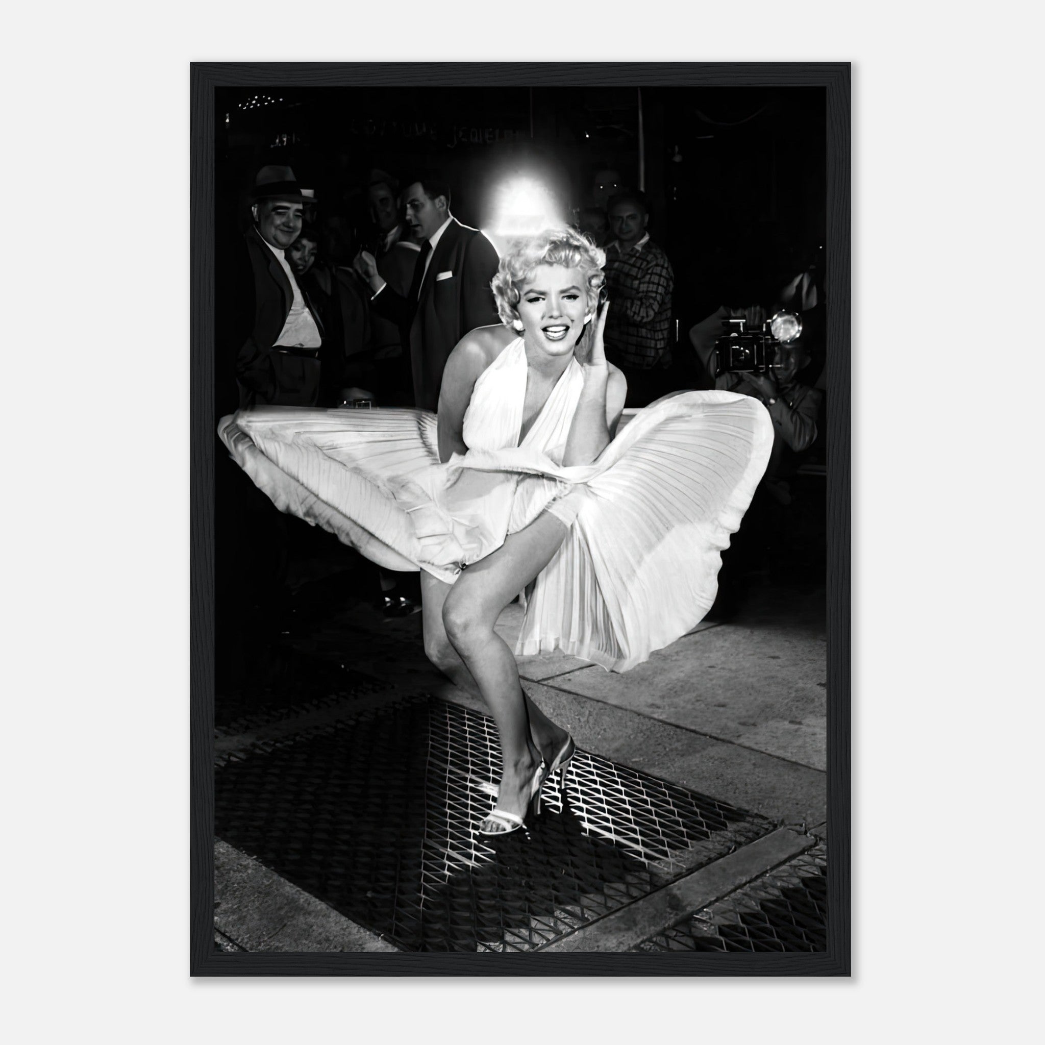 Marilyn Monroe in iconic white dress over subway grate, capturing timeless Hollywood elegance in framed print.