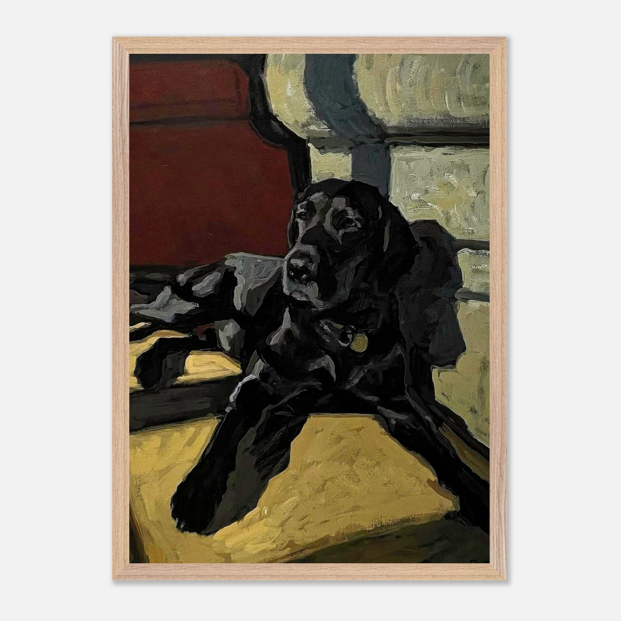 Black Labrador dog painting in vintage frame, showcasing the loyal dog basking in warm light.