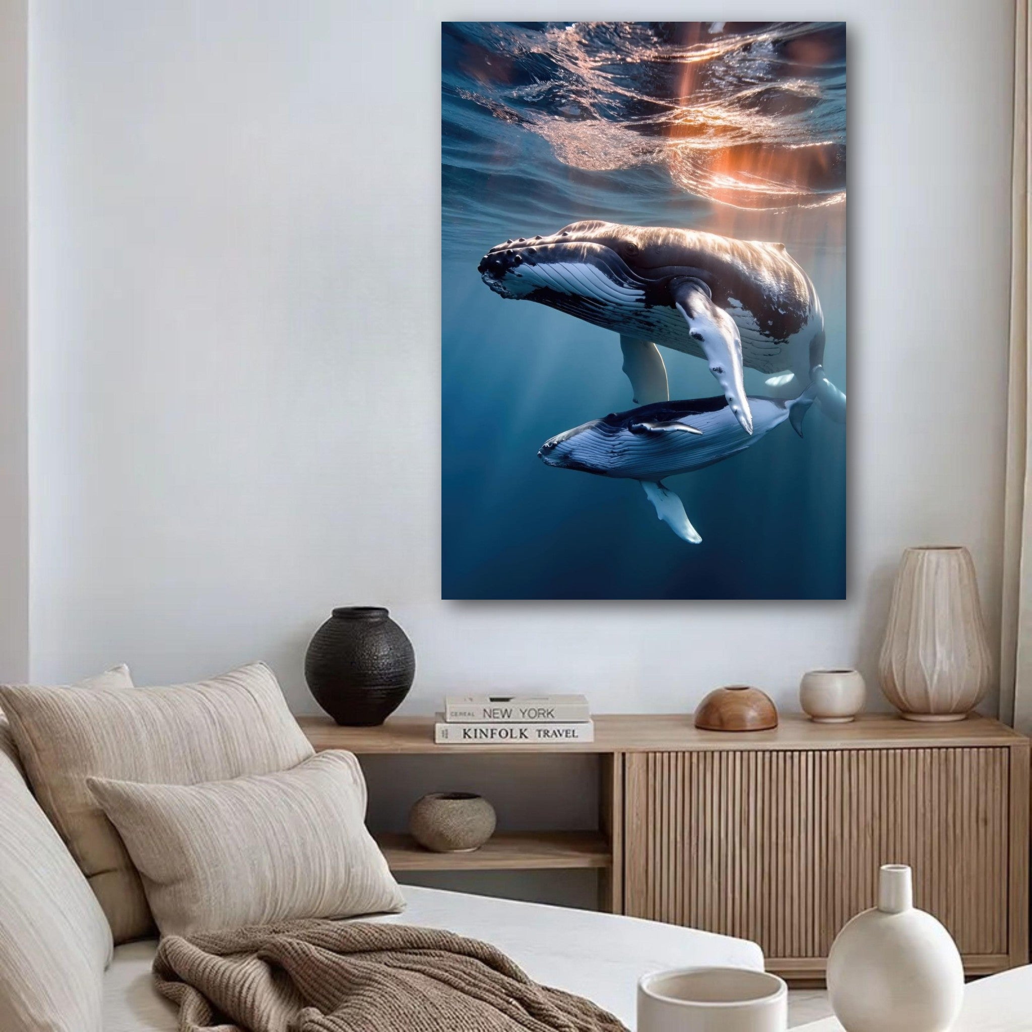 Underwater photography poster of a mother humpback whale and calf swimming gracefully in blue waters.