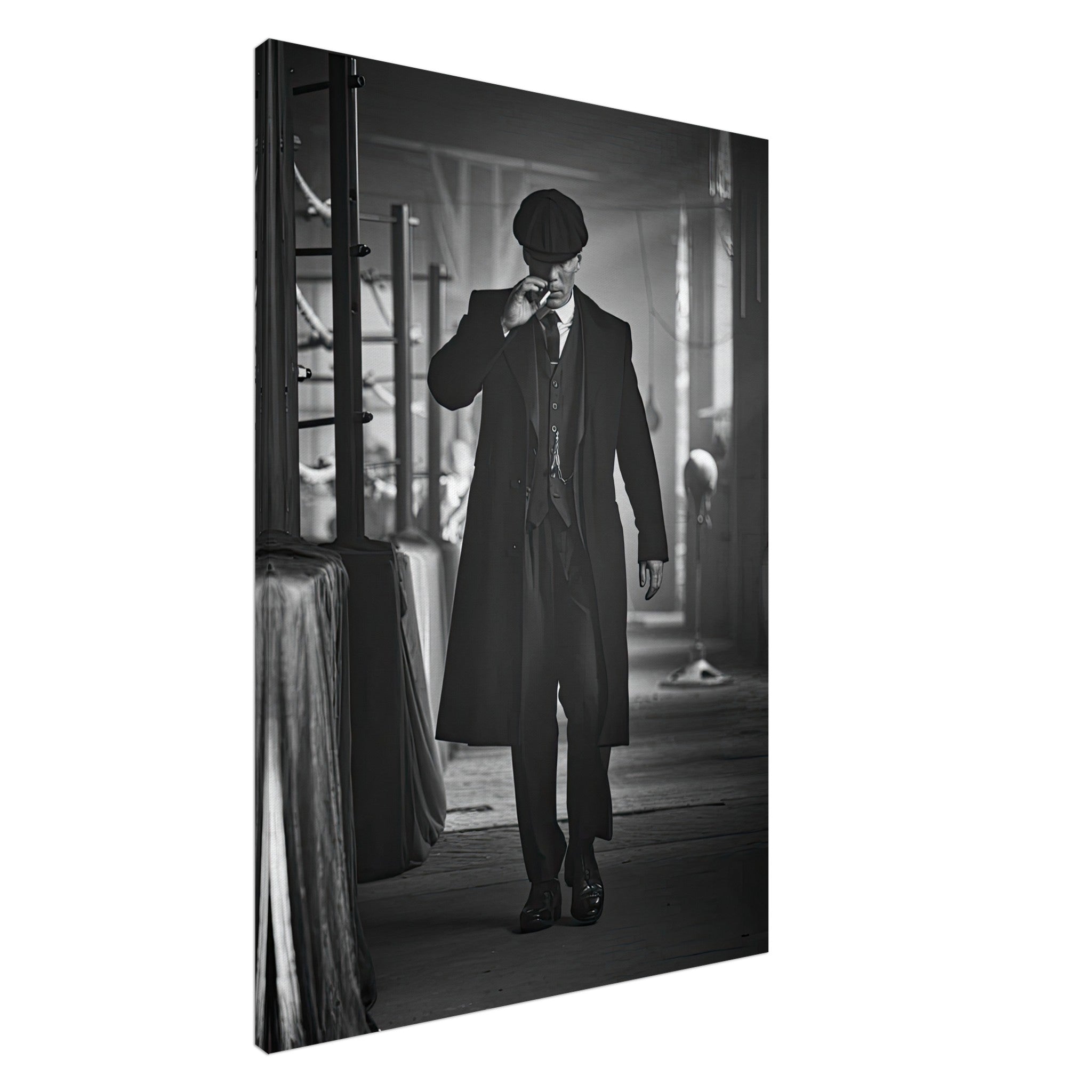 Tommy Shelby from Peaky Blinders, stylish in black and white, exuding charisma and drama on canvas artwork.