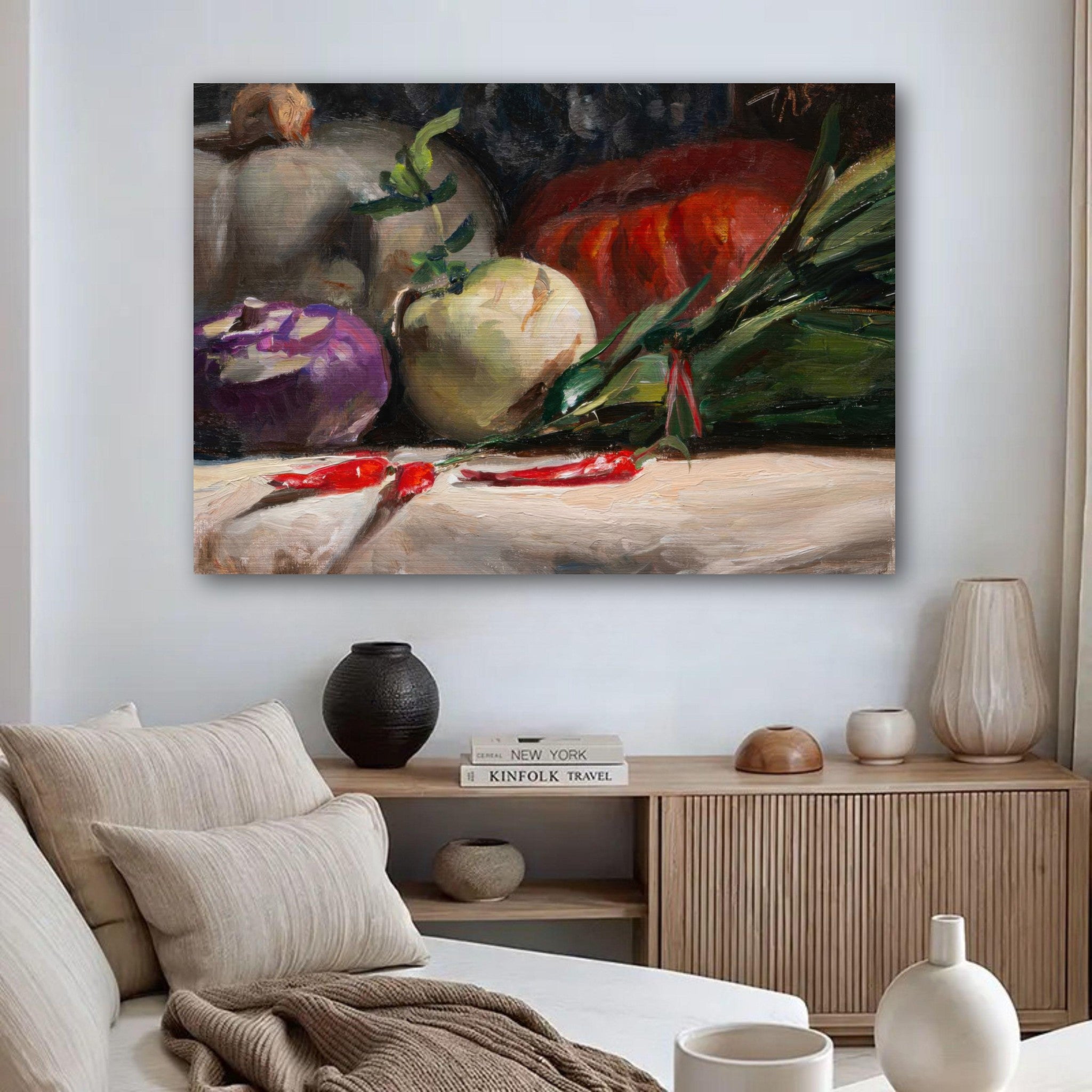 Brushed metal artwork of kohlrabi, pumpkins, and chilis in a kitchen setting, showcasing vibrant colors and textures.