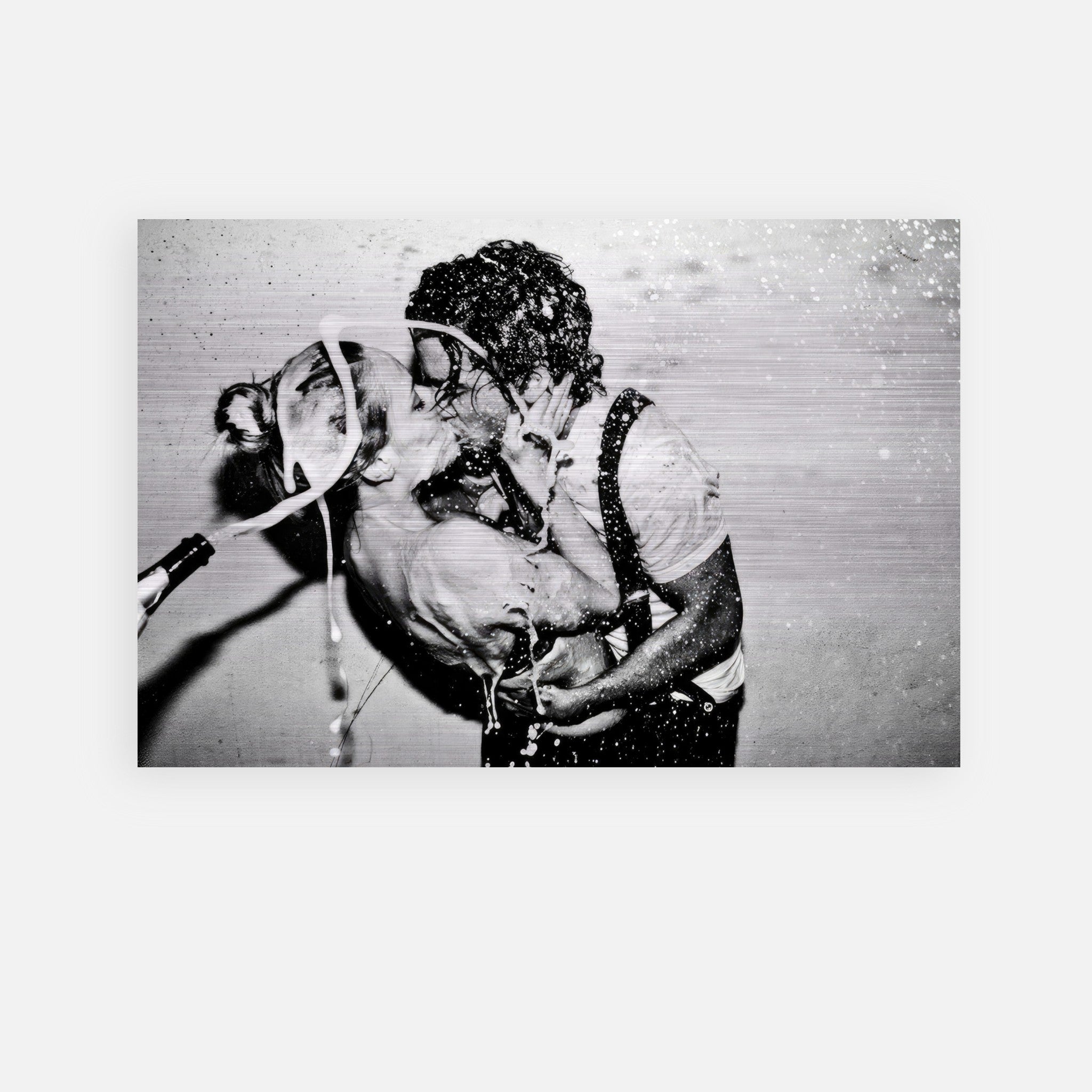 The Champagne Kiss print featuring Johnny Depp and Kate Moss in a passionate embrace, captured by Tyler Shields.