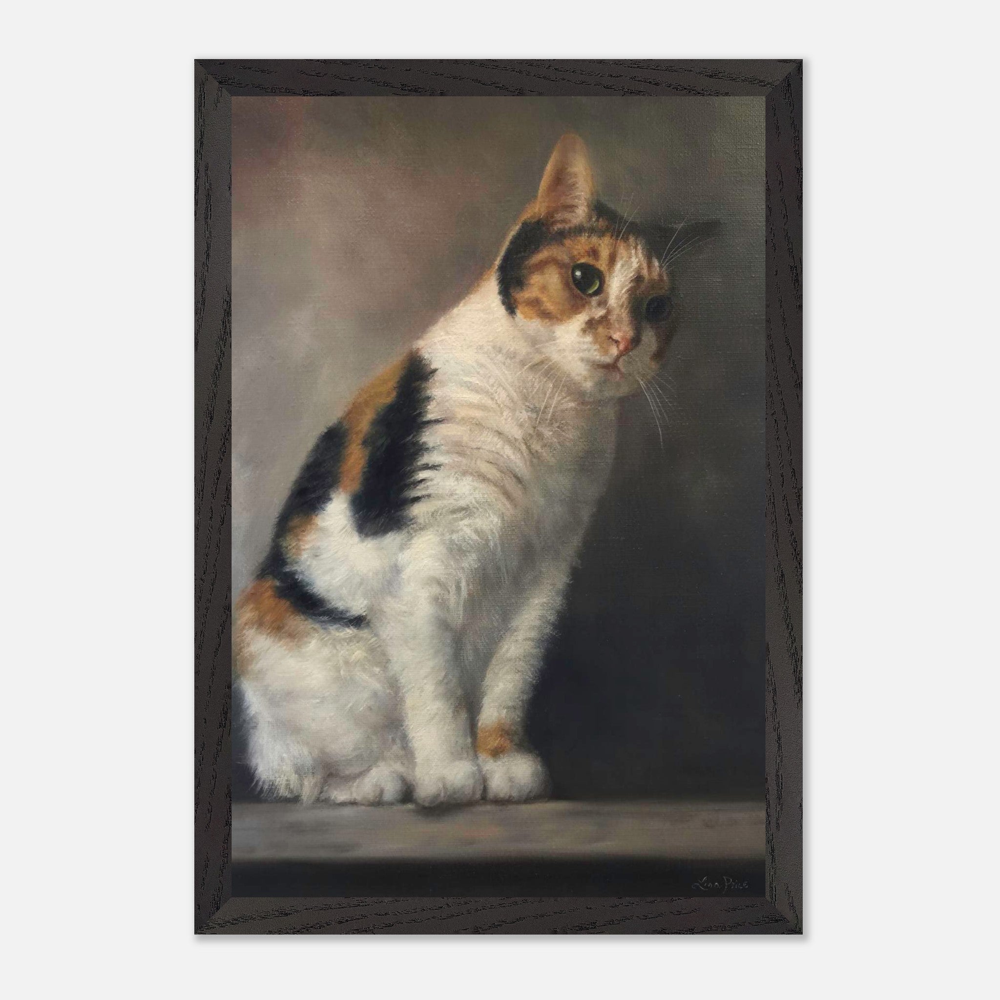 Realistic cat portrait painting showcasing a calico cat, museum quality fine art with lifelike details.