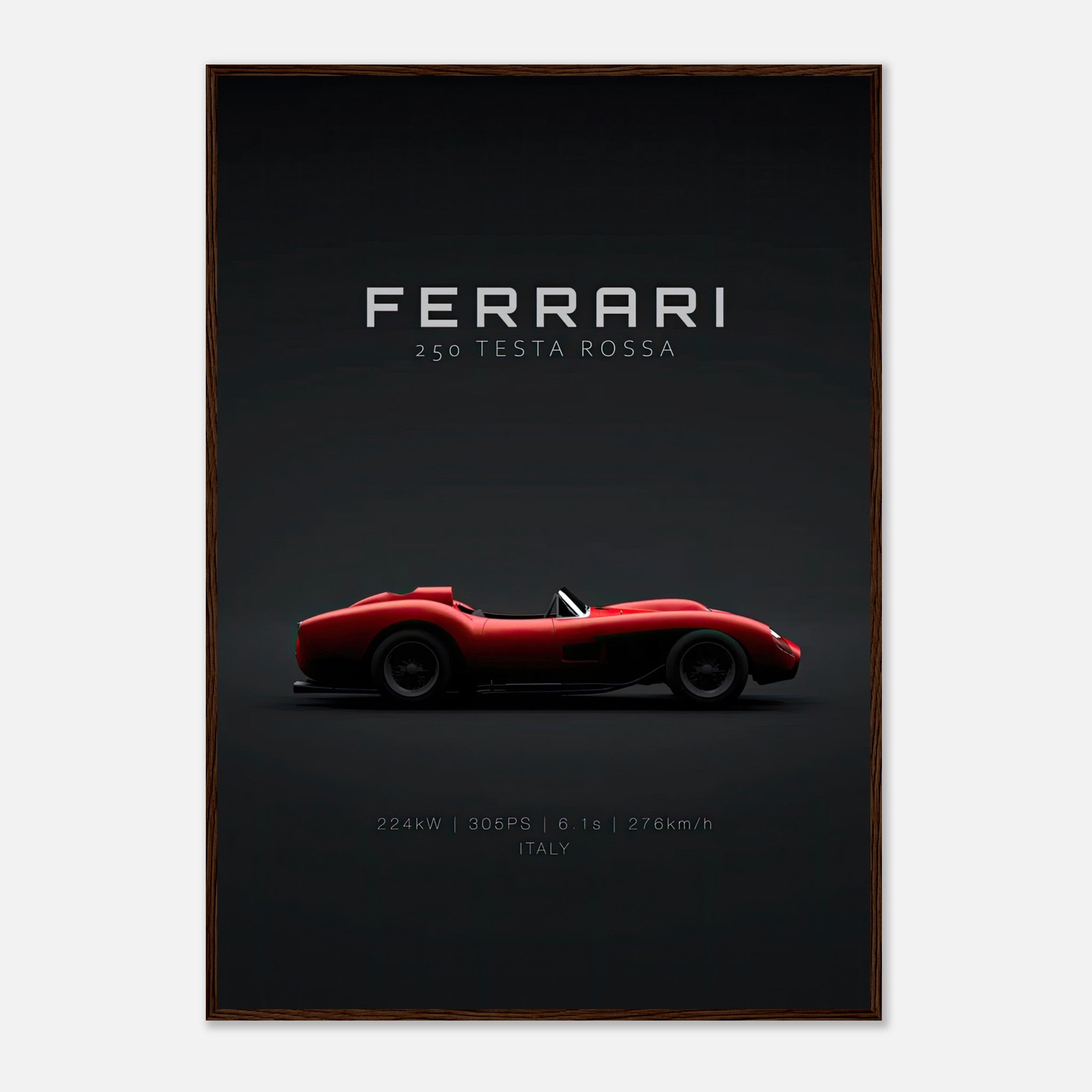 Ferrari 250 Testa Rossa framed poster featuring sleek classic car design on black background.