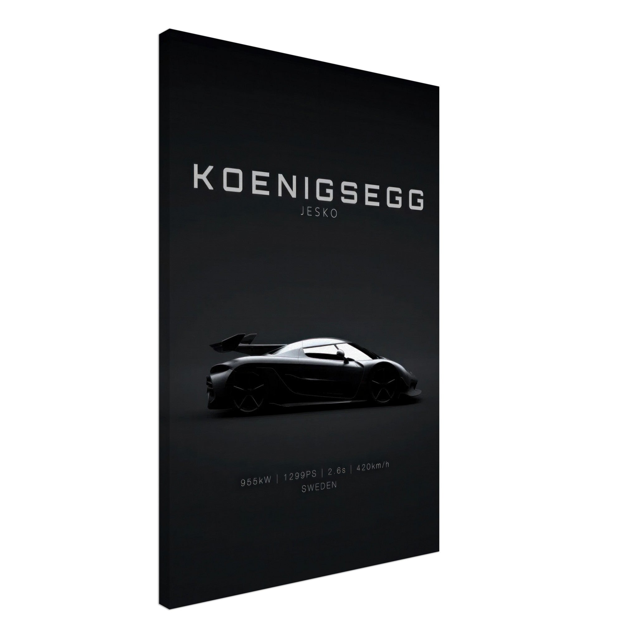 Koenigsegg Jesko canvas art featuring a sleek silhouette and specifications on a minimalistic black background.