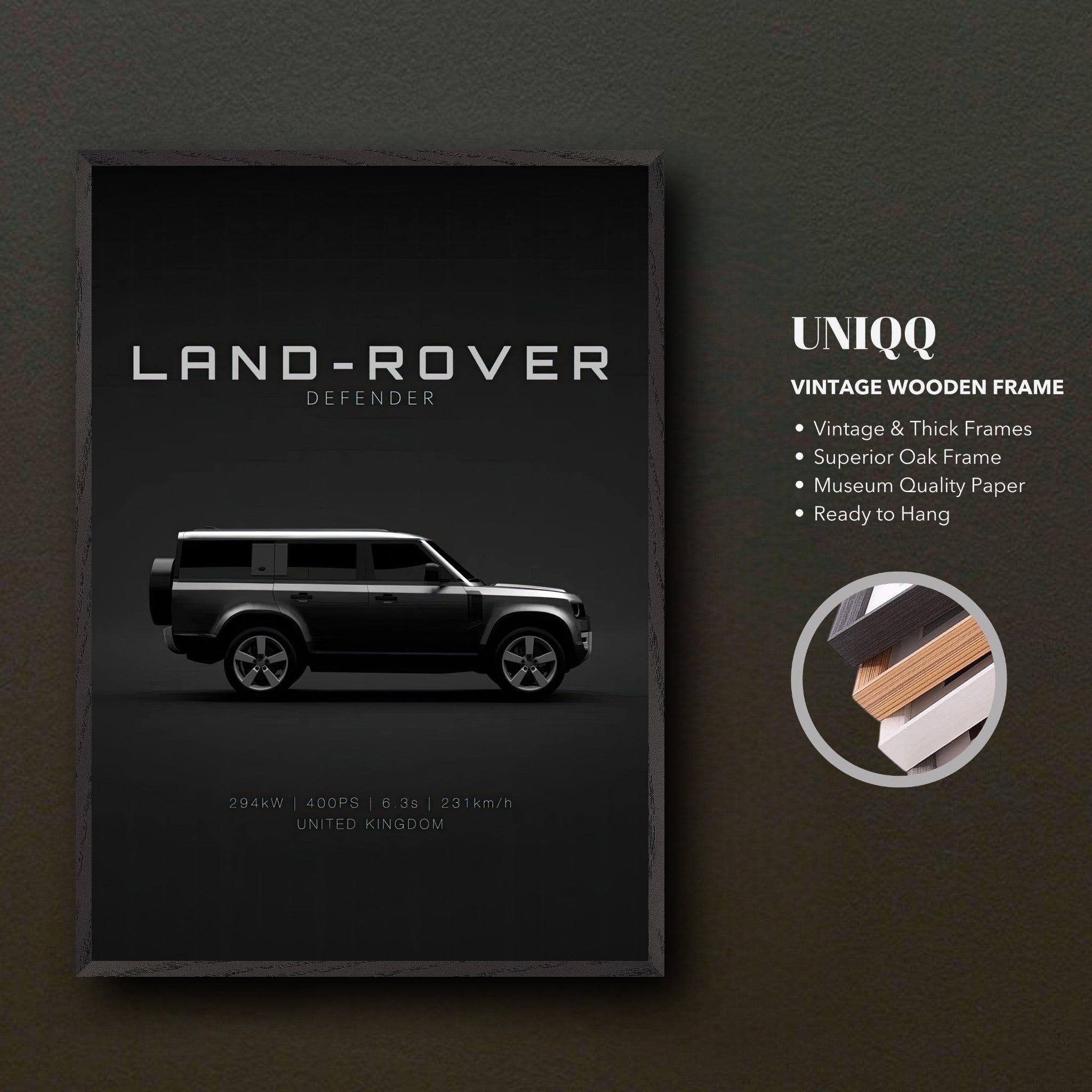 Land Rover Defender vintage framed art showcasing sleek design on a black background, perfect for collectors and enthusiasts.