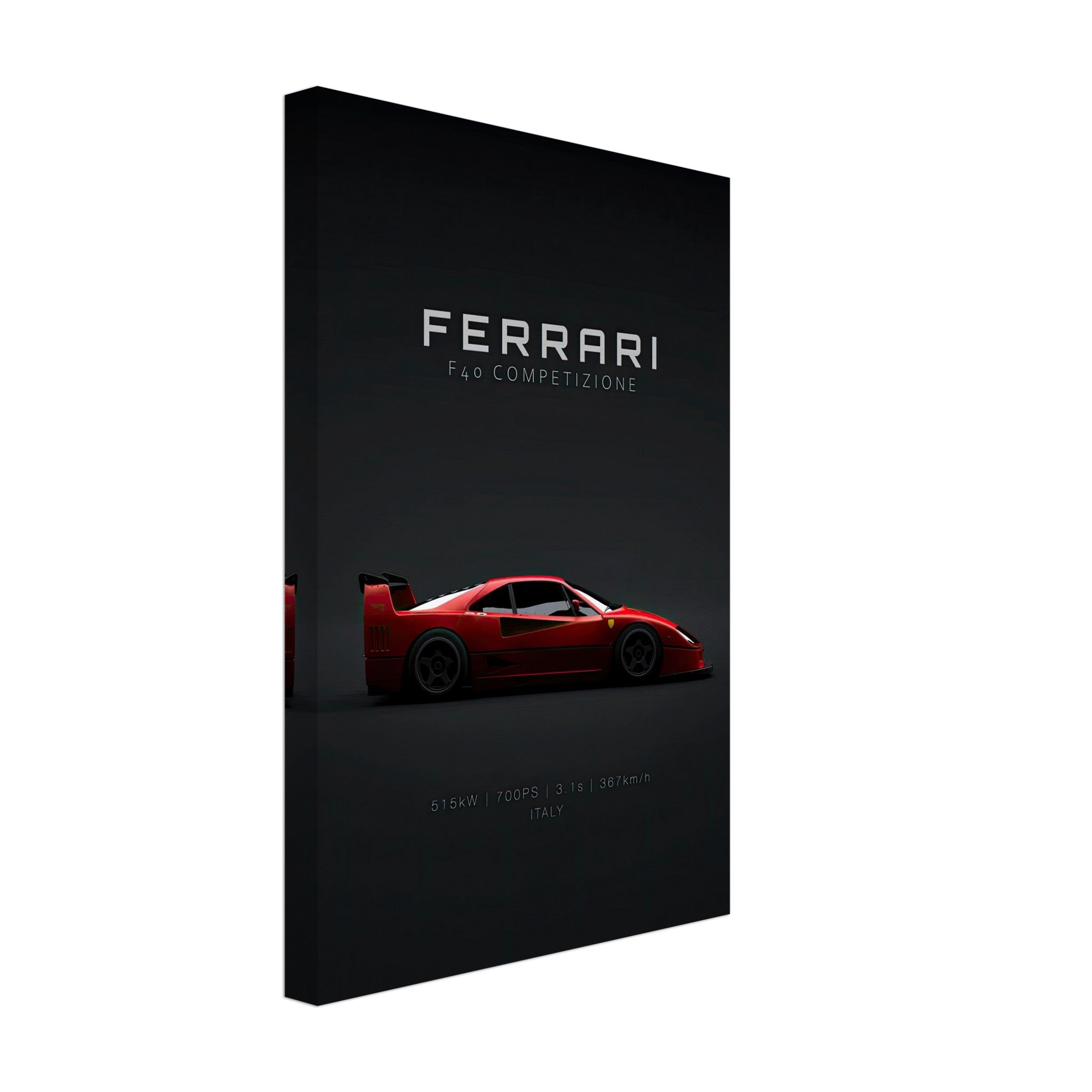 Ferrari F40 Competizione canvas art showcasing the iconic red supercar on a minimalist black background.