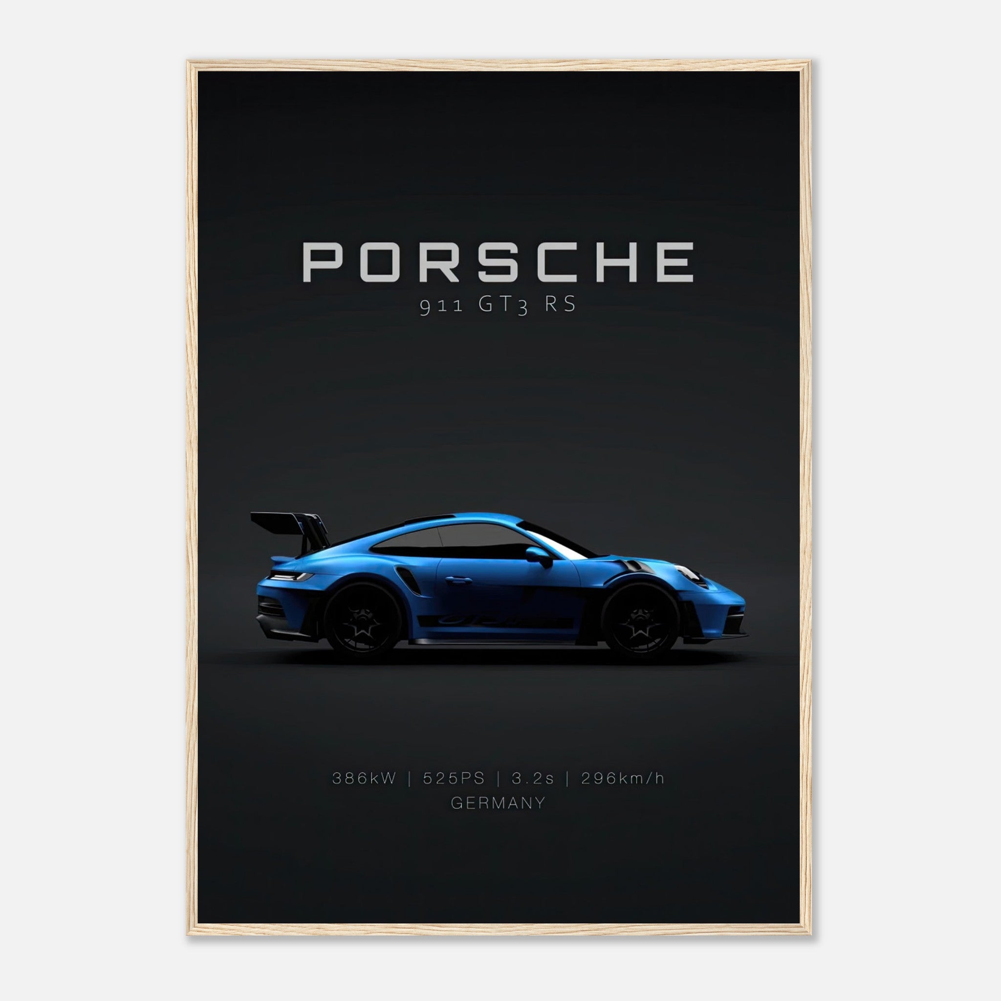 Porsche 911 GT3 RS framed poster showcasing the sports car's sleek design and performance stats.