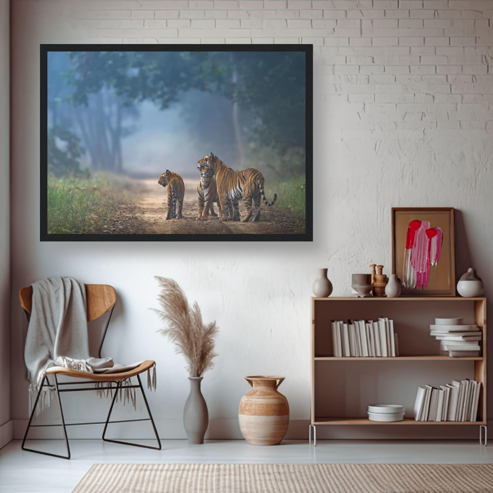 Framed print of a tiger family on a forest pathway, highlighting their connection in a misty atmosphere.