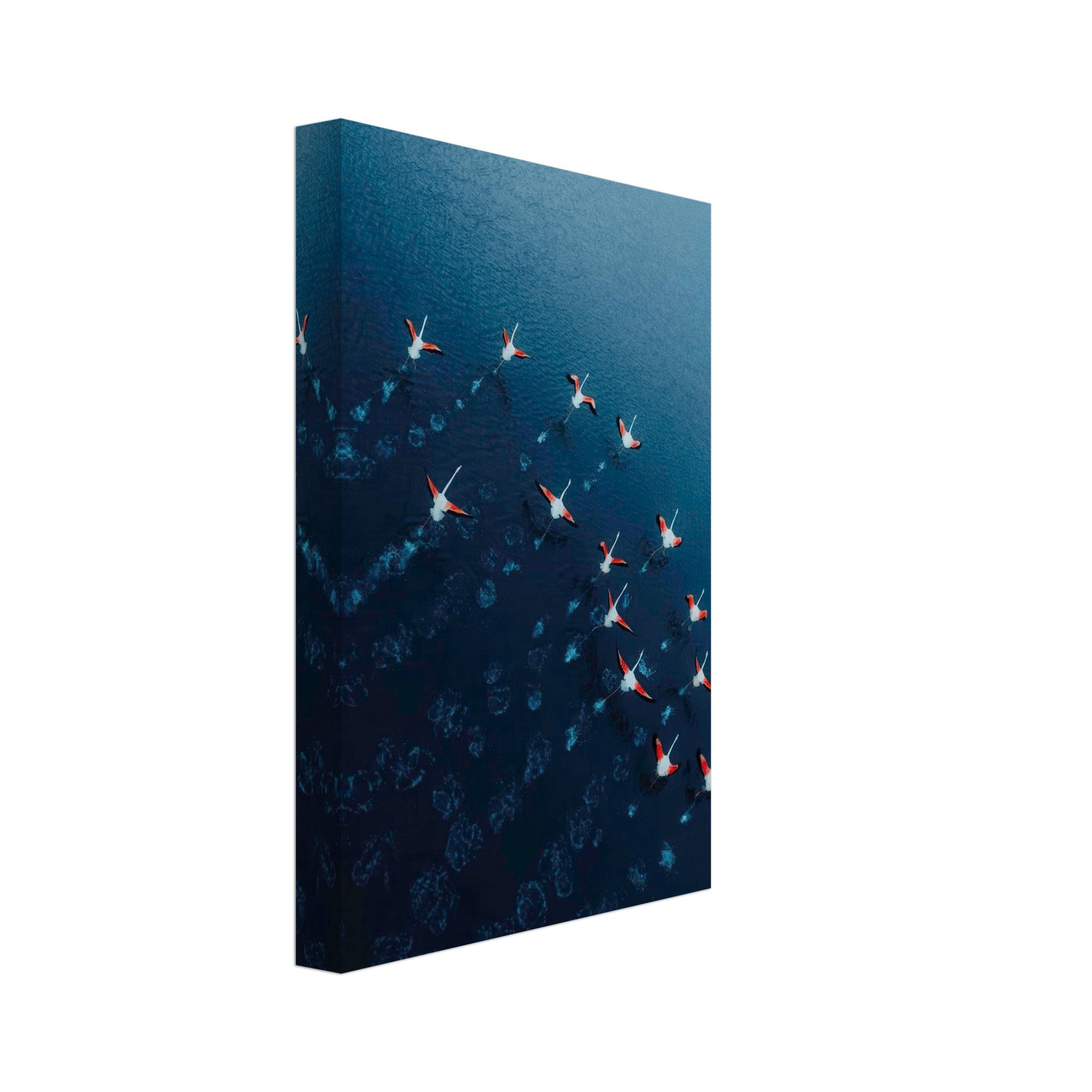 Aerial view of flamingos flying over deep blue waters, captured in stunning detail on a canvas print.