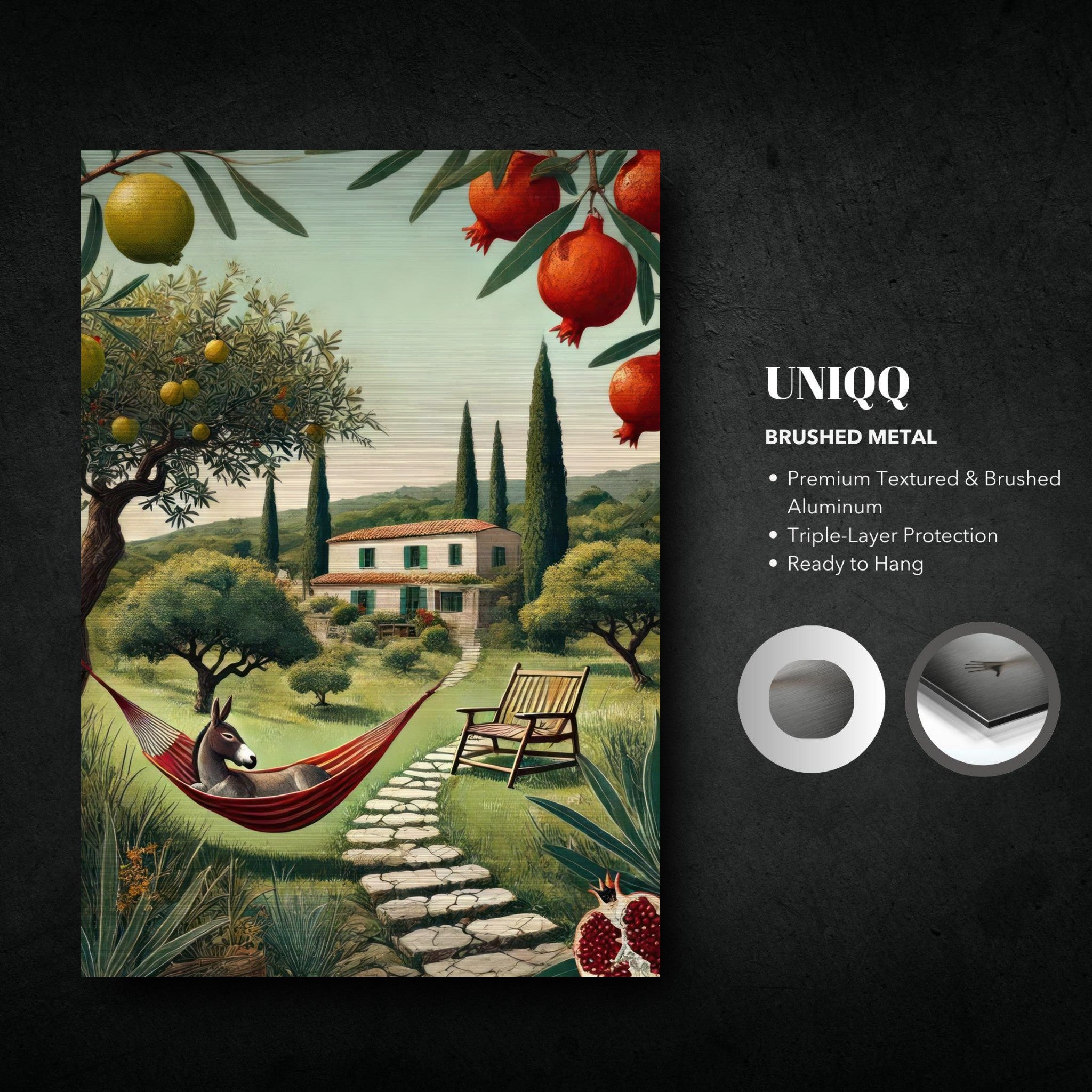 Mediterranean landscape artwork with a donkey in a hammock, printed on brushed metal for rustic charm.