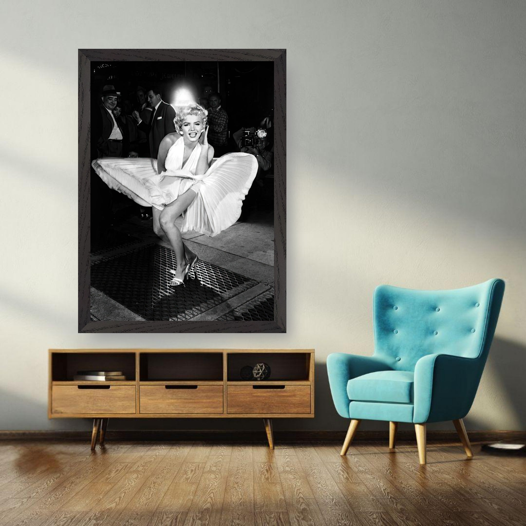 Marilyn Monroe in white dress caught by wind in vintage framed print, showcasing Hollywood glamour.