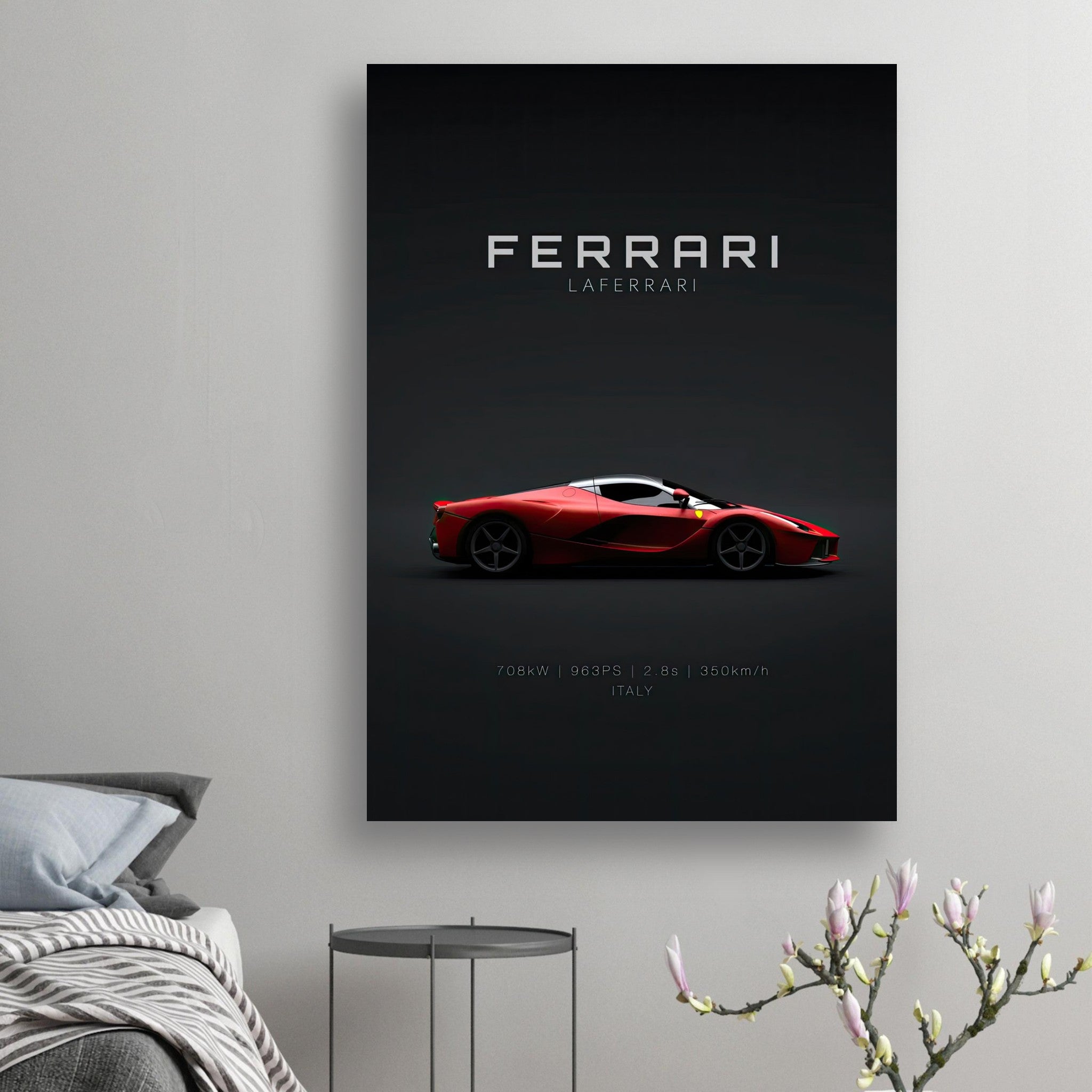 Ferrari Laferrari poster showcasing sleek side profile against a black background, perfect for car enthusiasts.