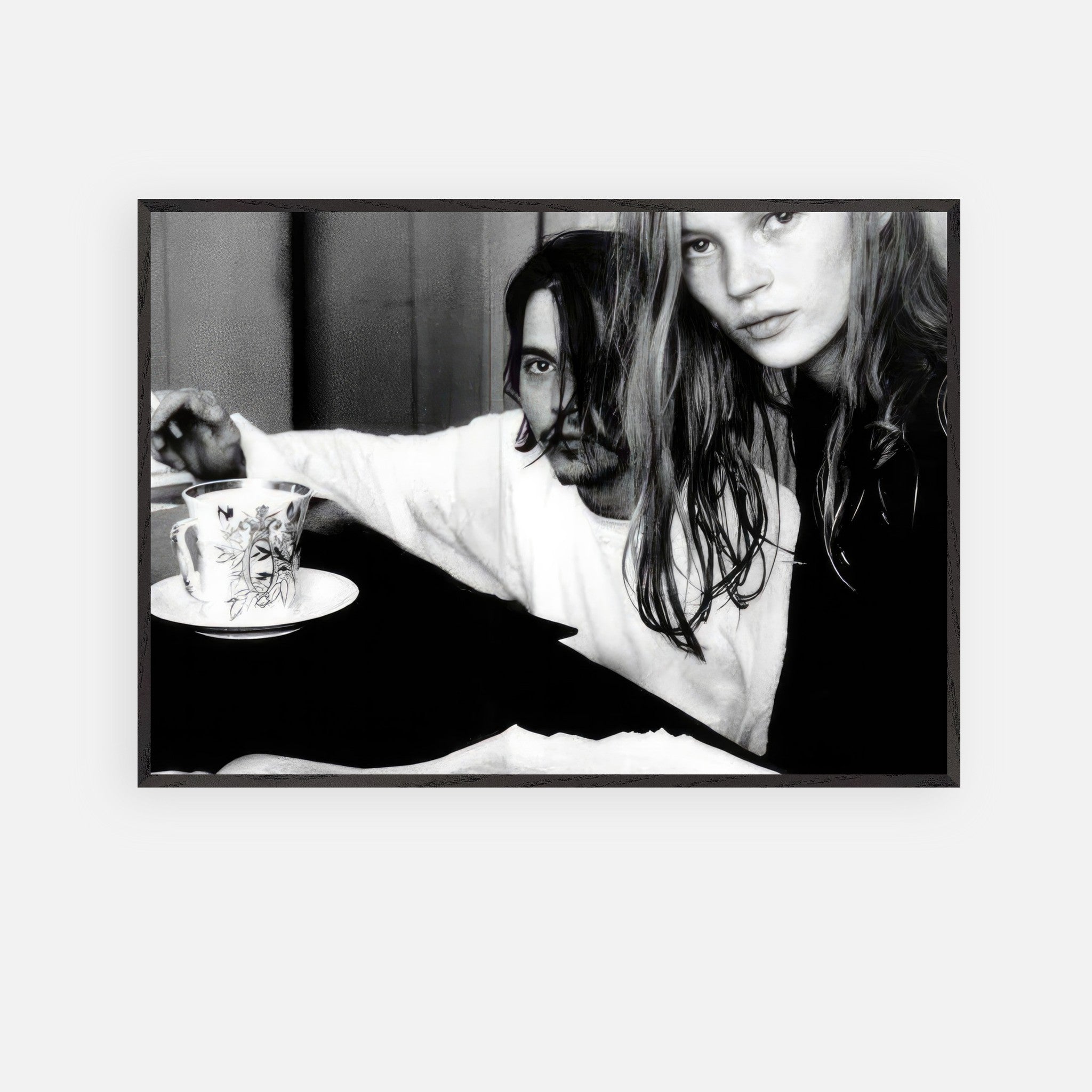 Black-and-white fine art print of Johnny Depp and Kate Moss, capturing 90s rebellion and romance, shot by François-Marie Banier.