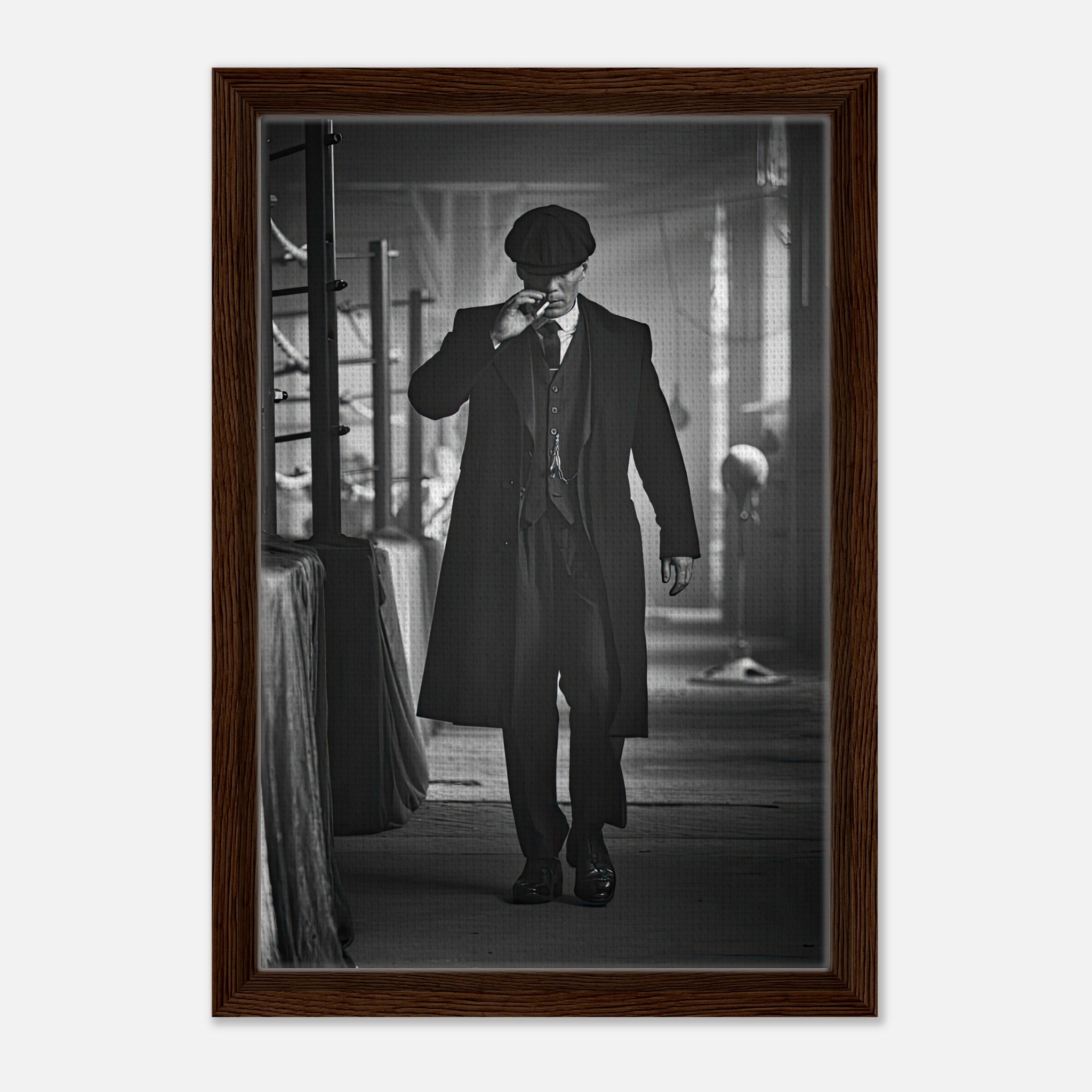 Framed canvas print of Tommy Shelby from Peaky Blinders, showcasing his iconic style in monochrome.