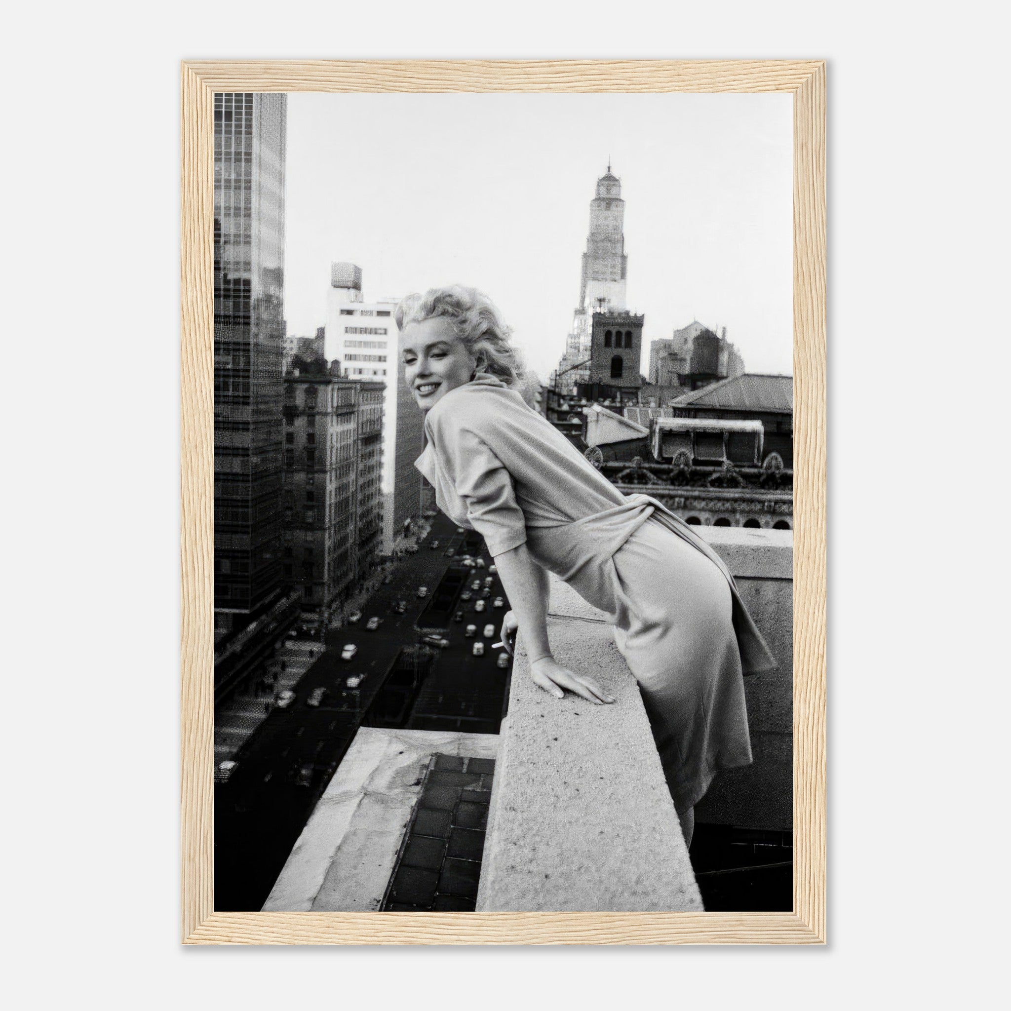 Marilyn Monroe smiling on a New York rooftop, framed print capturing 1950s urban elegance.