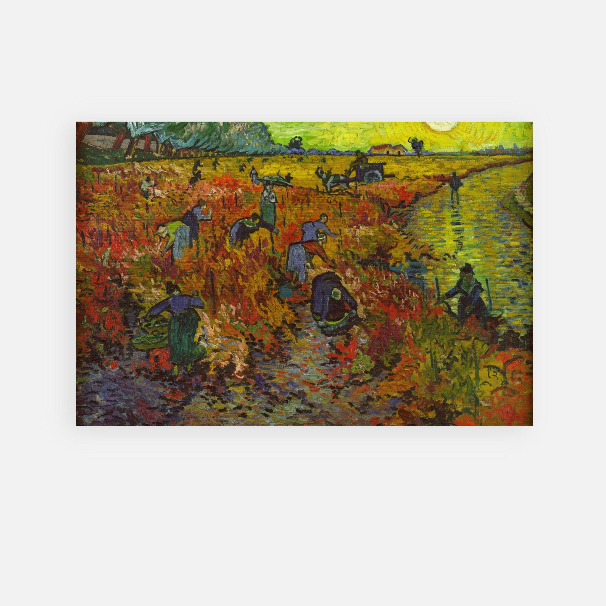 The Red Vineyard by Van Gogh in vibrant autumn colors on brushed metal, showcasing dynamic brushstrokes and rich texture.