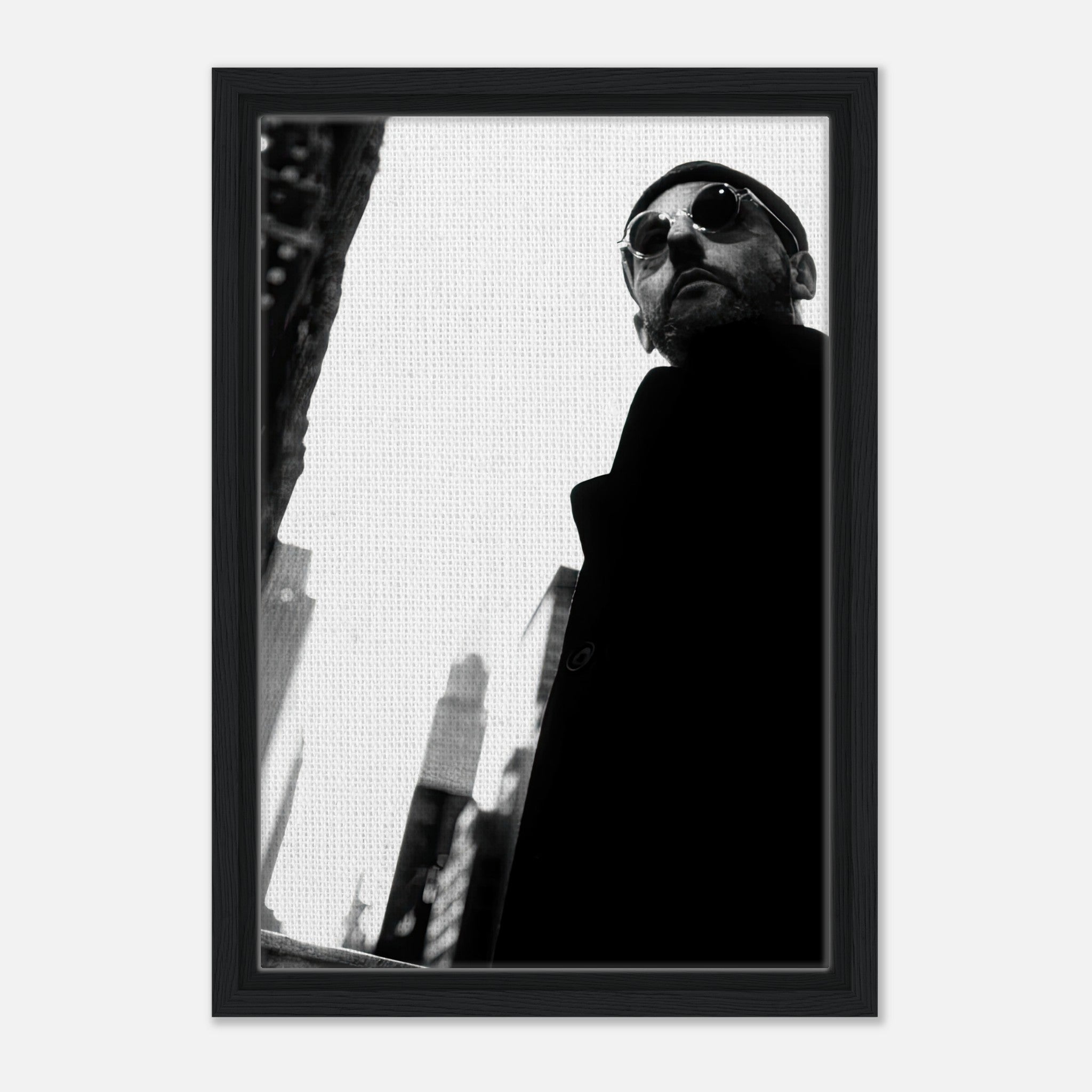 Leon Photography Jean Reno framed canvas print in black and white, showcasing a bold cinematic perspective and timeless sophistication.