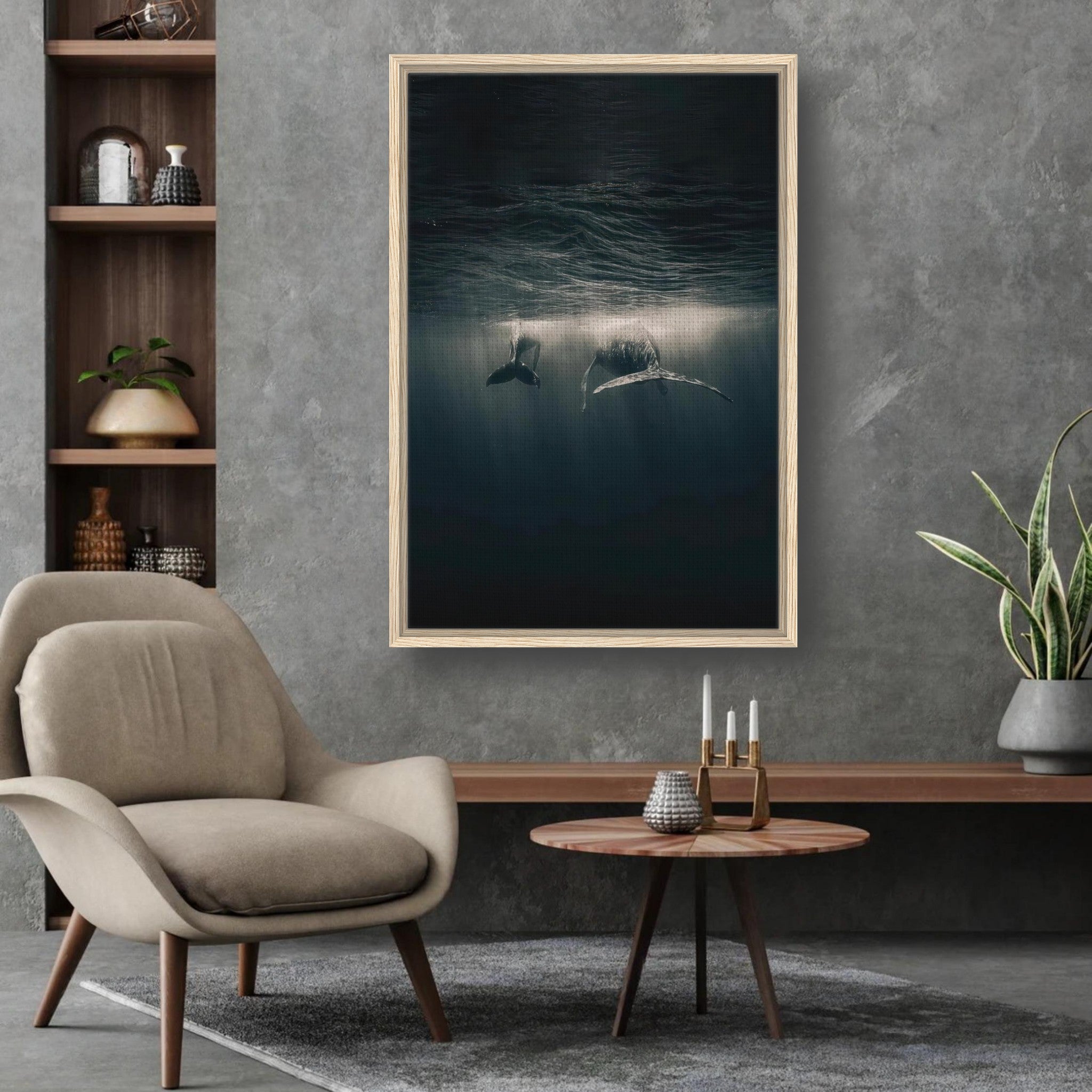 Whales swimming underwater in a framed canvas print, enhancing a modern living space with oceanic beauty.