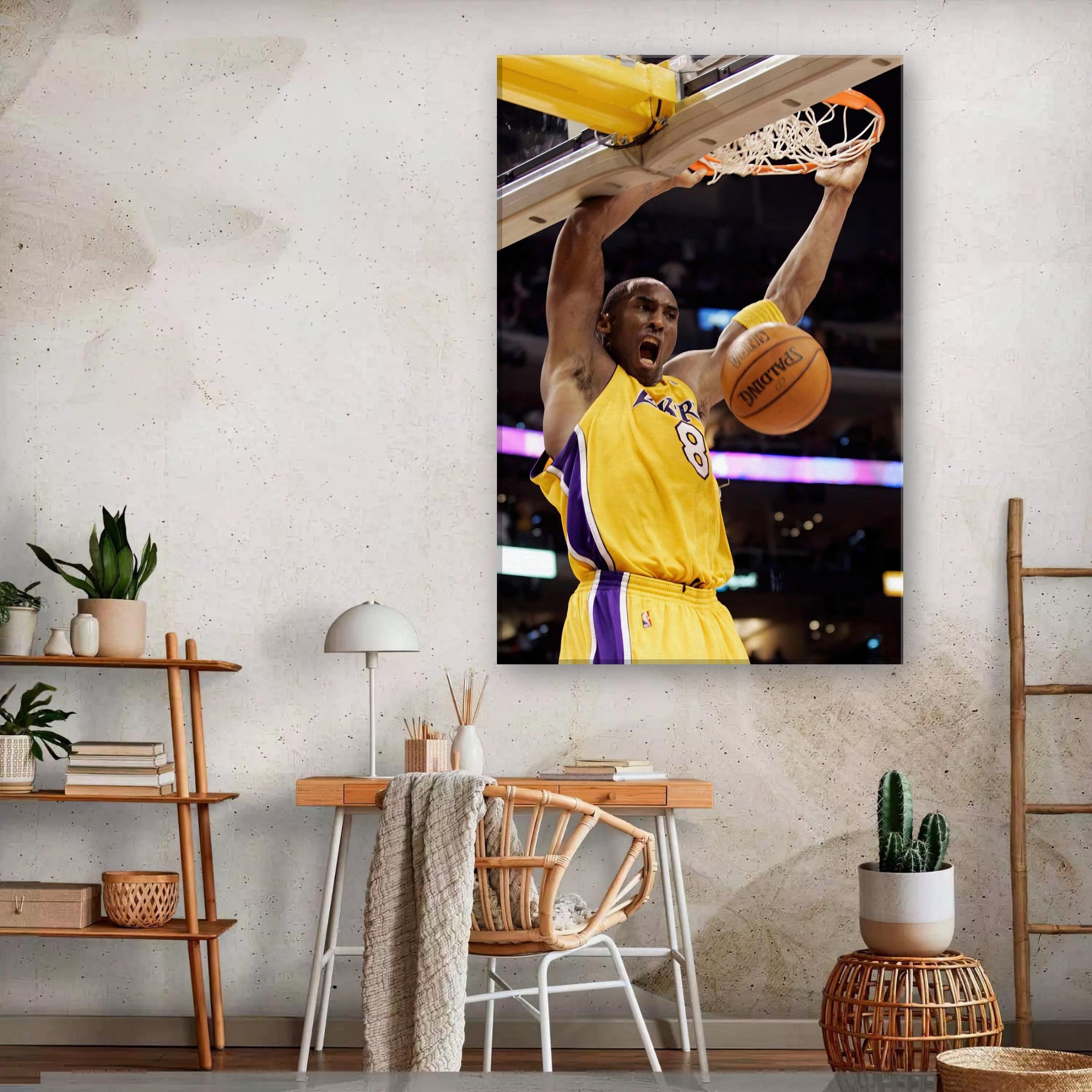 Kobe Bryant's iconic slam dunk canvas print showcasing his powerful move in a vibrant Lakers jersey.