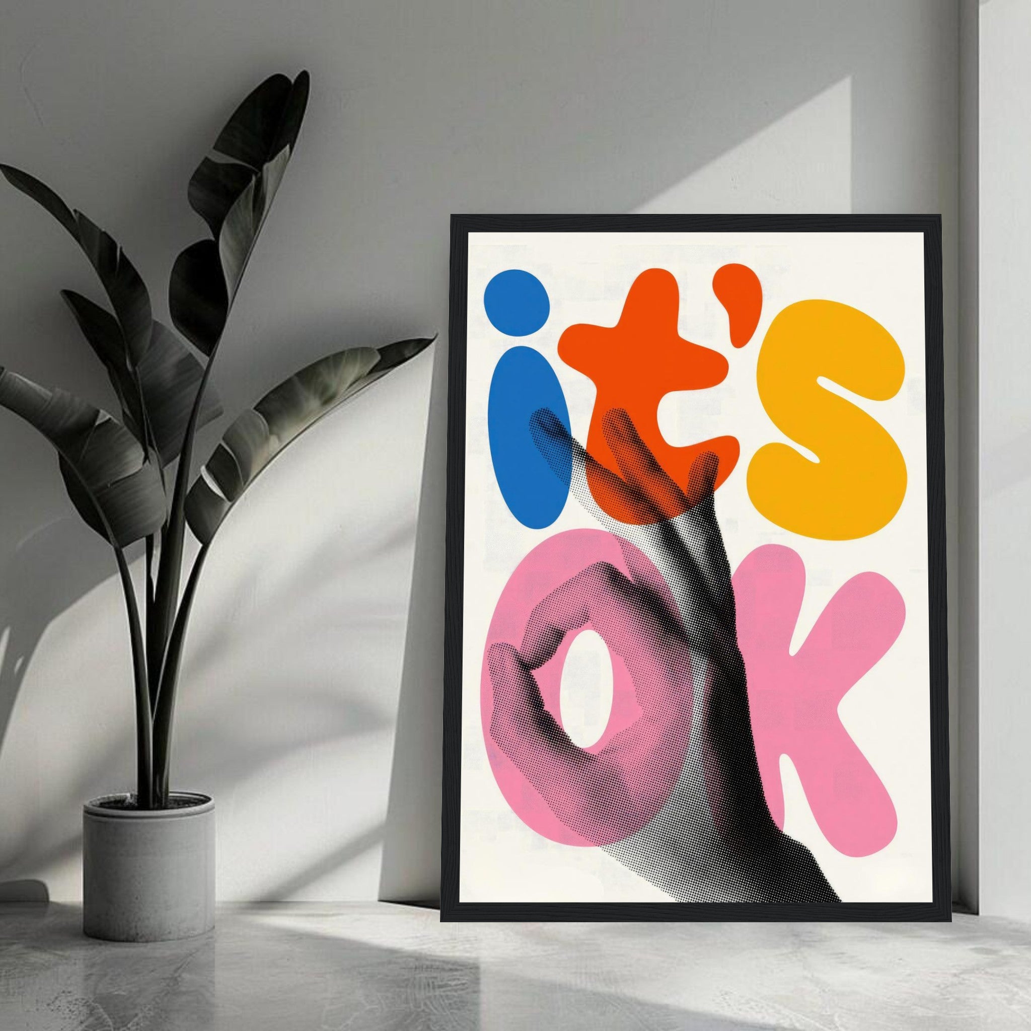 Framed print of 'It's Ok' Retro Abstract Pop Art featuring vibrant colors and a hand gesture on display.