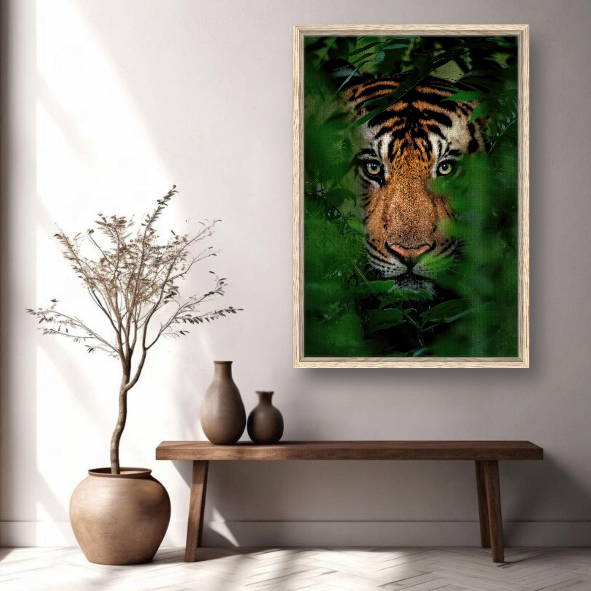 Framed canvas print of a tiger gazing through dense jungle foliage, enhancing any modern home decor.