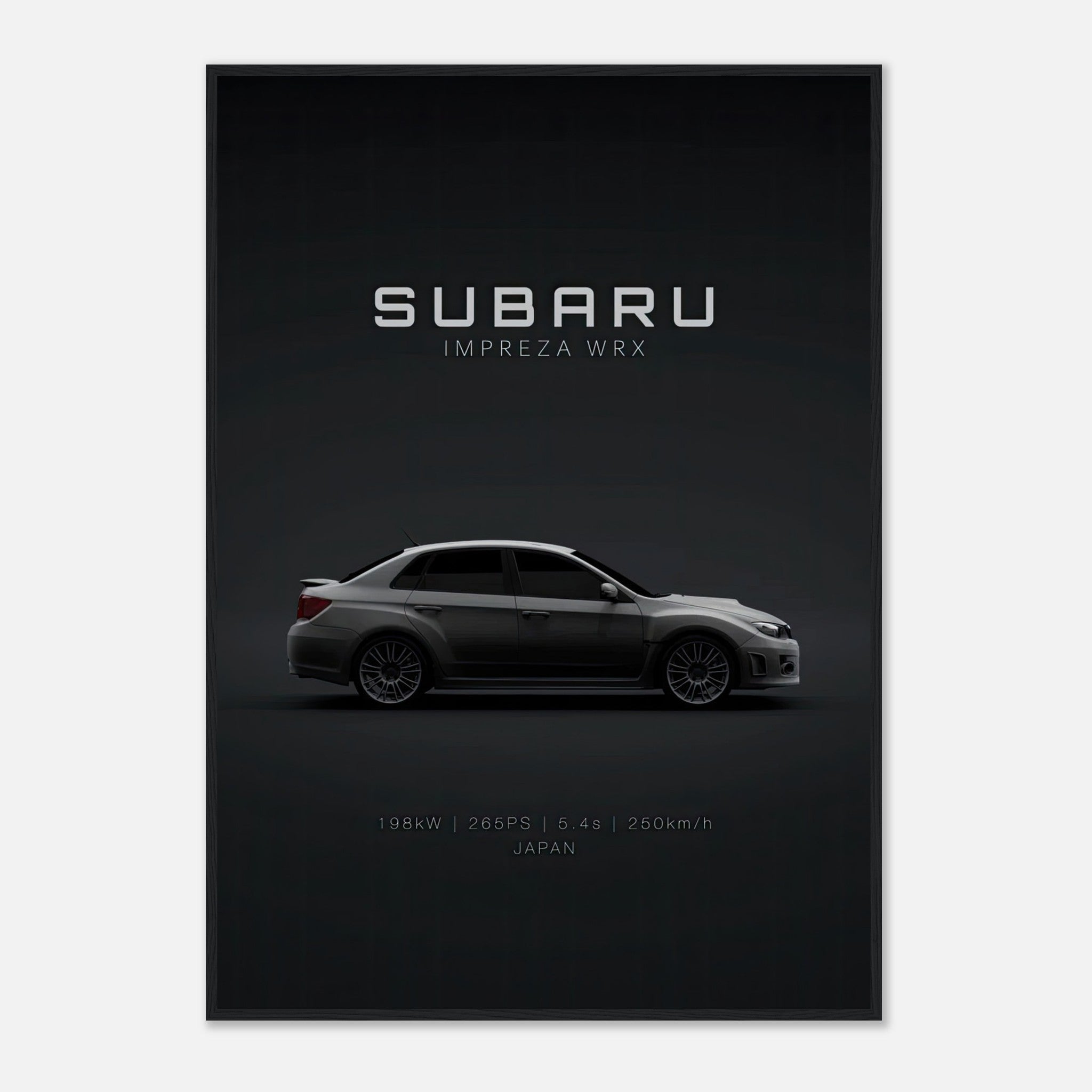 Subaru WRX framed poster featuring sleek design and specifications on a dark background.