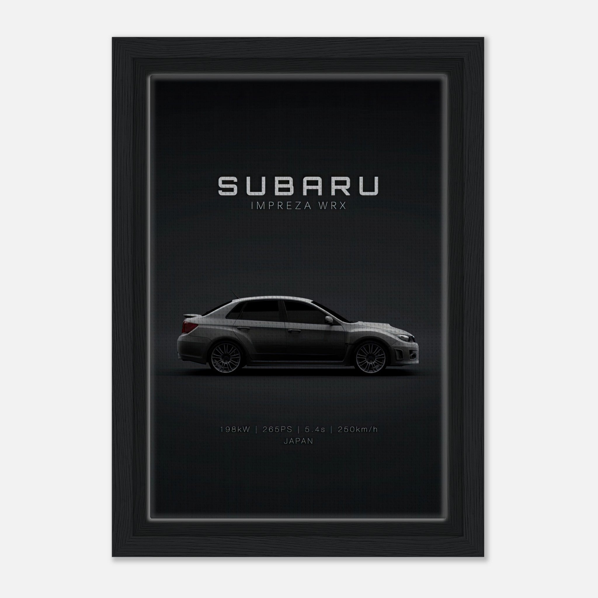 Framed canvas of Subaru WRX showcasing sleek profile and specs, perfect for car enthusiasts and Subaru lovers.