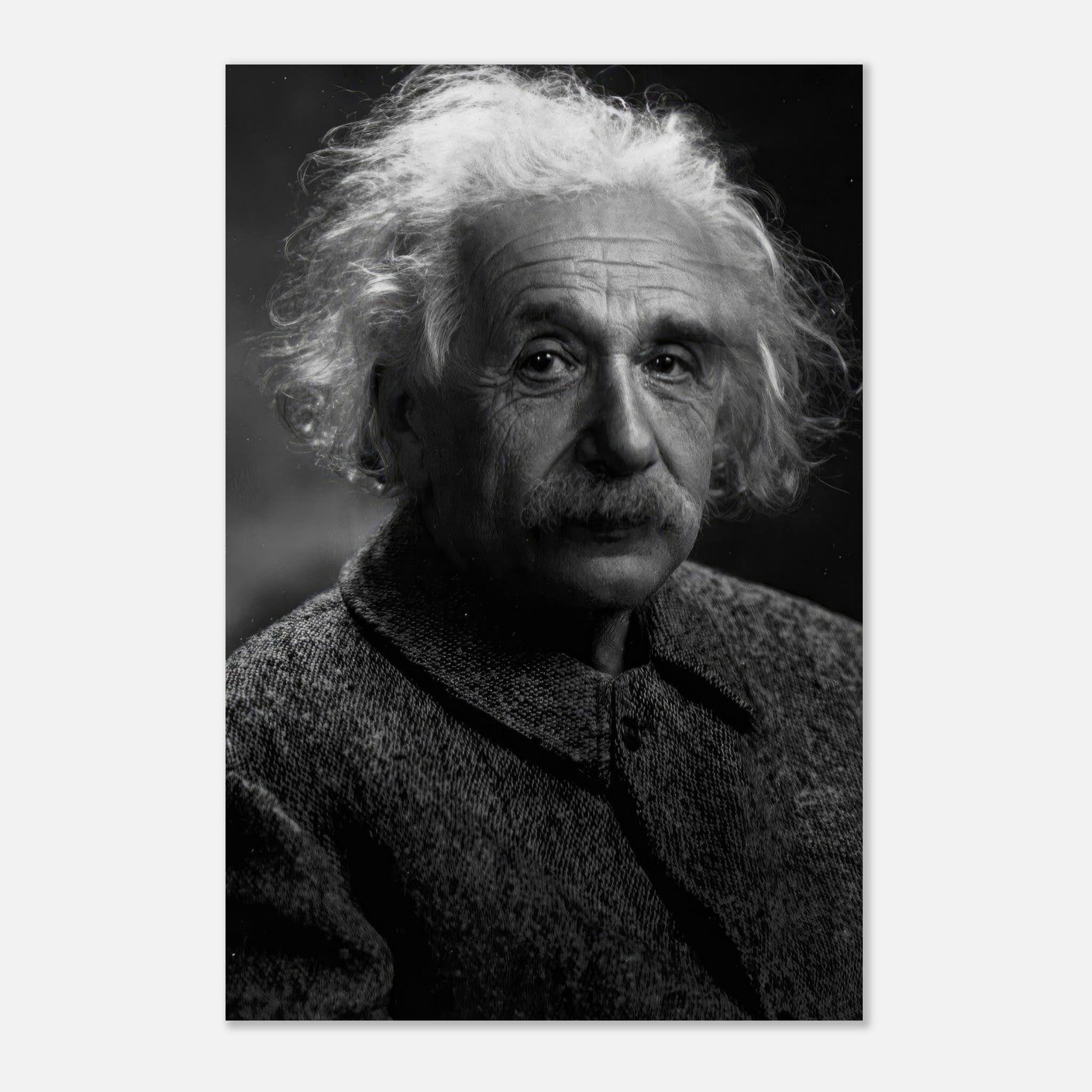 Albert Einstein portrait metal print in black-and-white, showcasing his wisdom and intellectual depth.