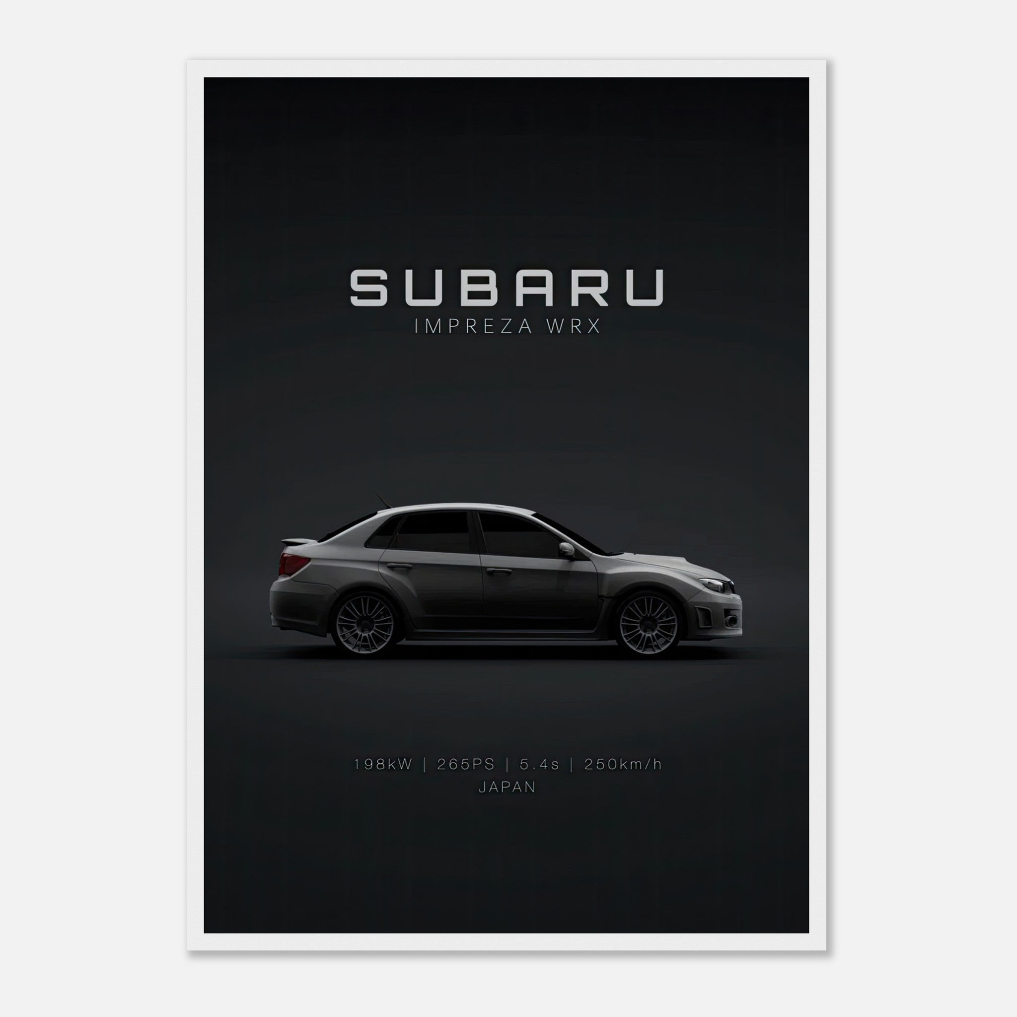Subaru WRX framed poster featuring sleek design and specifications against a dark background