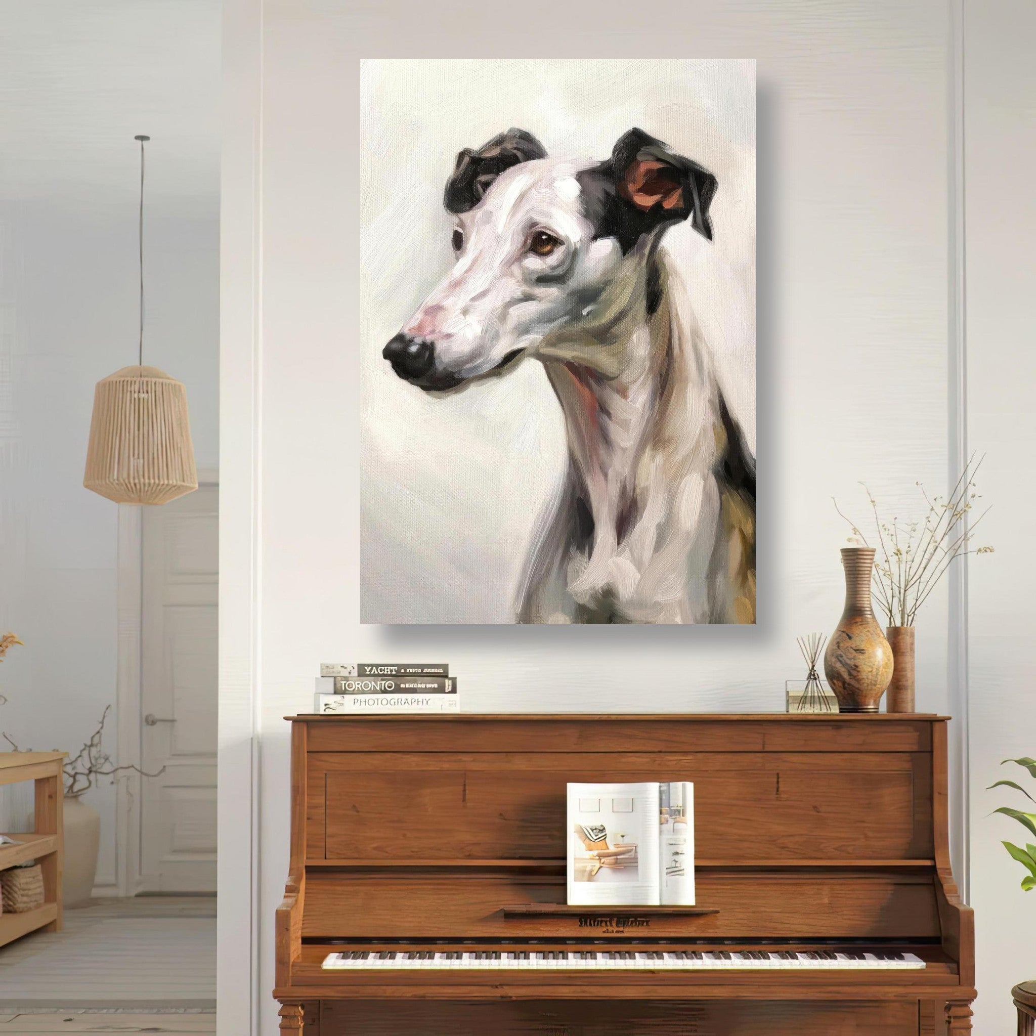 Greyhound dog painting metal print displayed in a modern living room above a wooden piano.