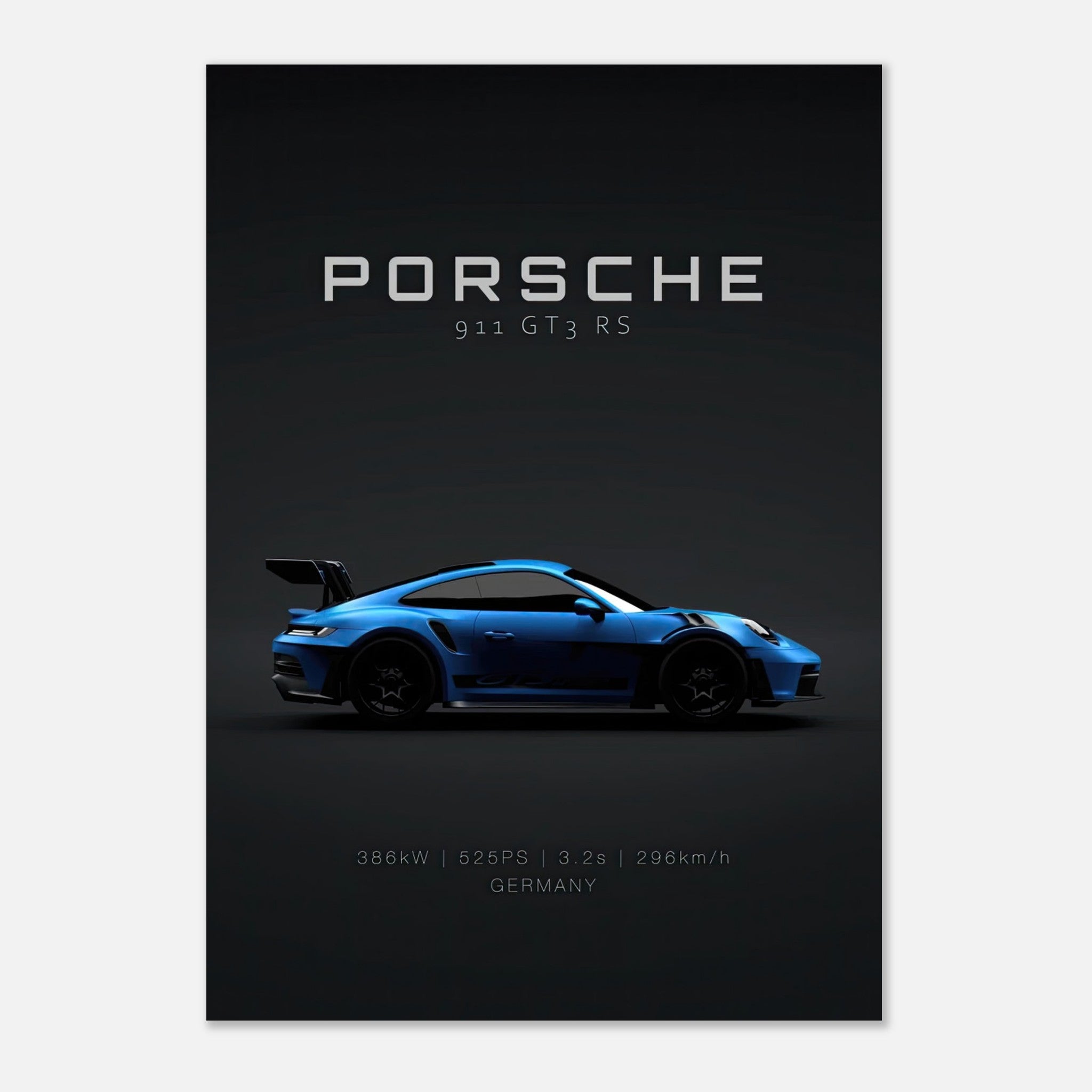 Porsche 911 GT3 RS poster showcasing a sleek blue sports car on a minimalist black background.