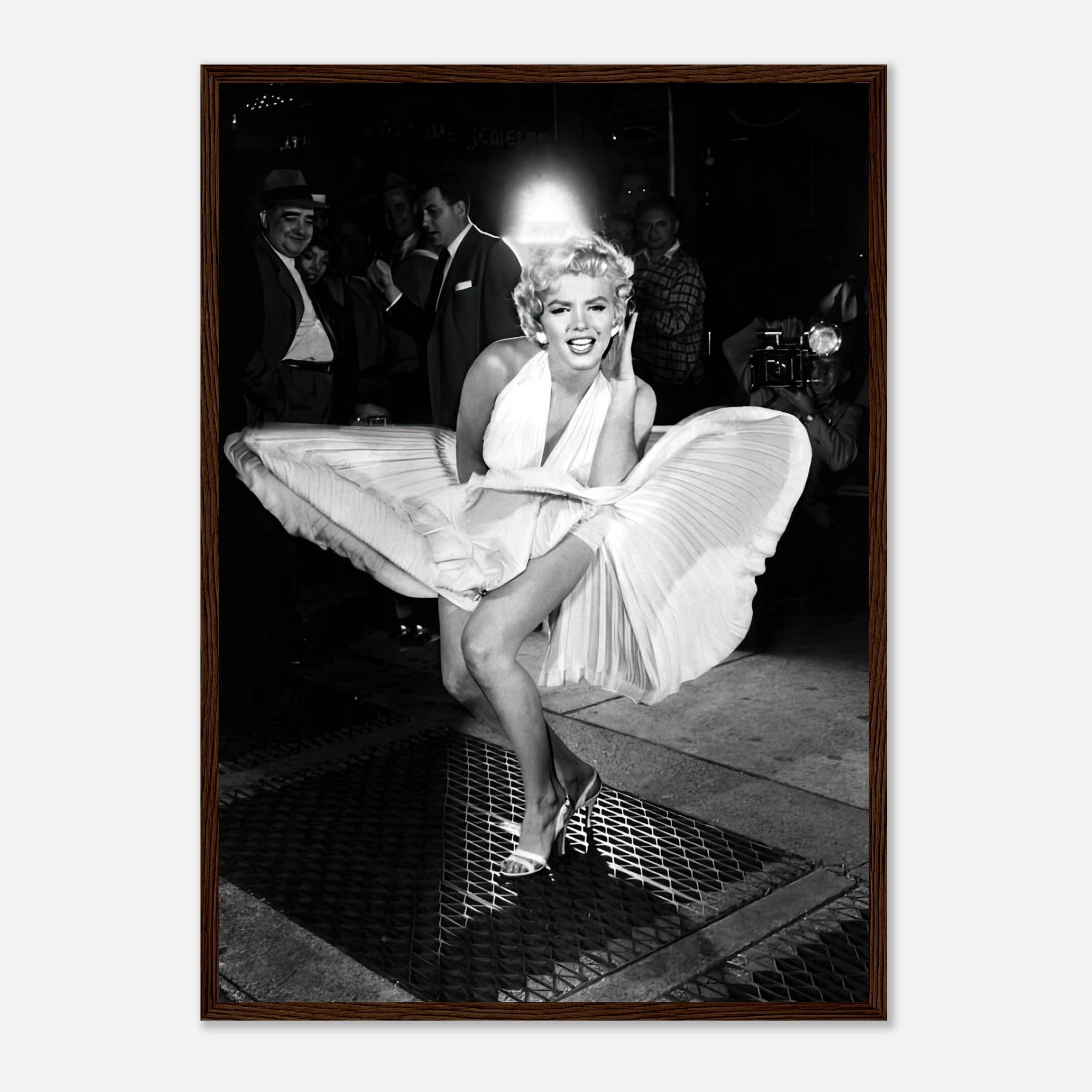 Marilyn Monroe in white dress caught by wind, iconic scene from The Seven Year Itch, framed print.