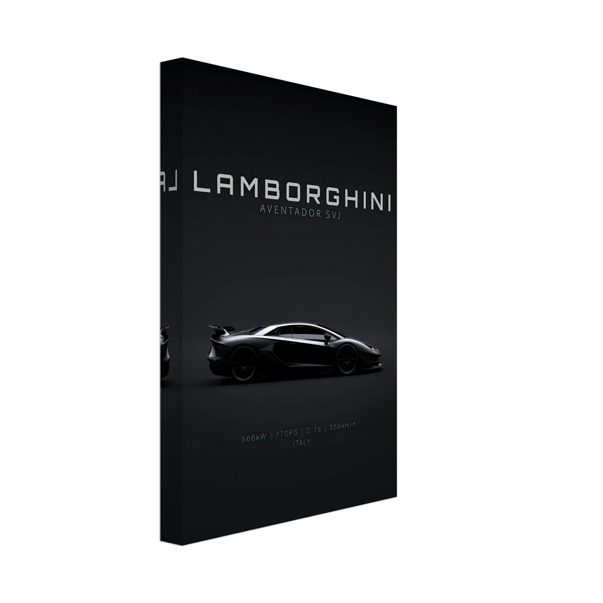 Lamborghini Aventador SVJ canvas artwork showcasing sleek design and luxury against a minimalist black background.