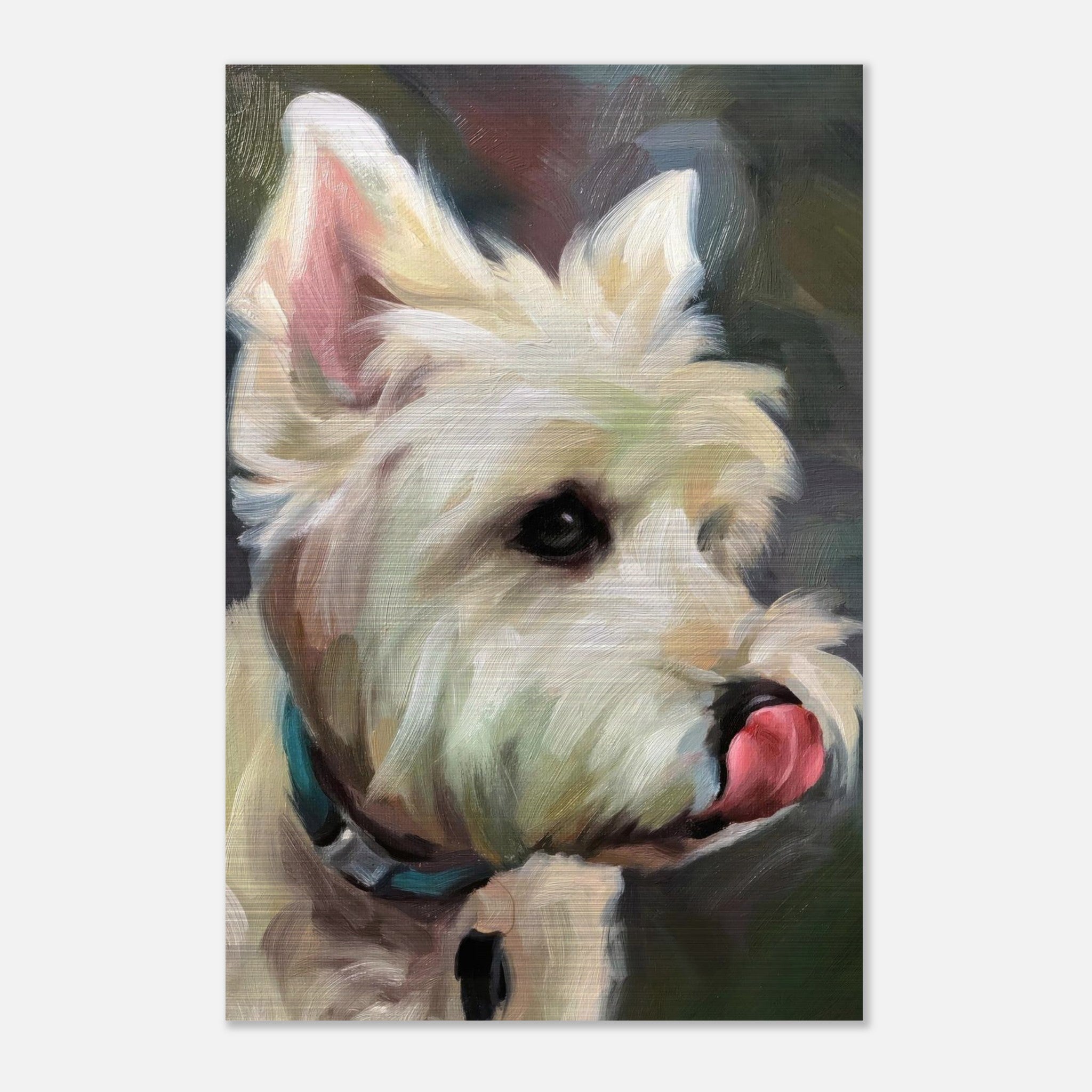 Lifelike portrait of a West Highland White Terrier painting on brushed metal, showcasing its playful personality.