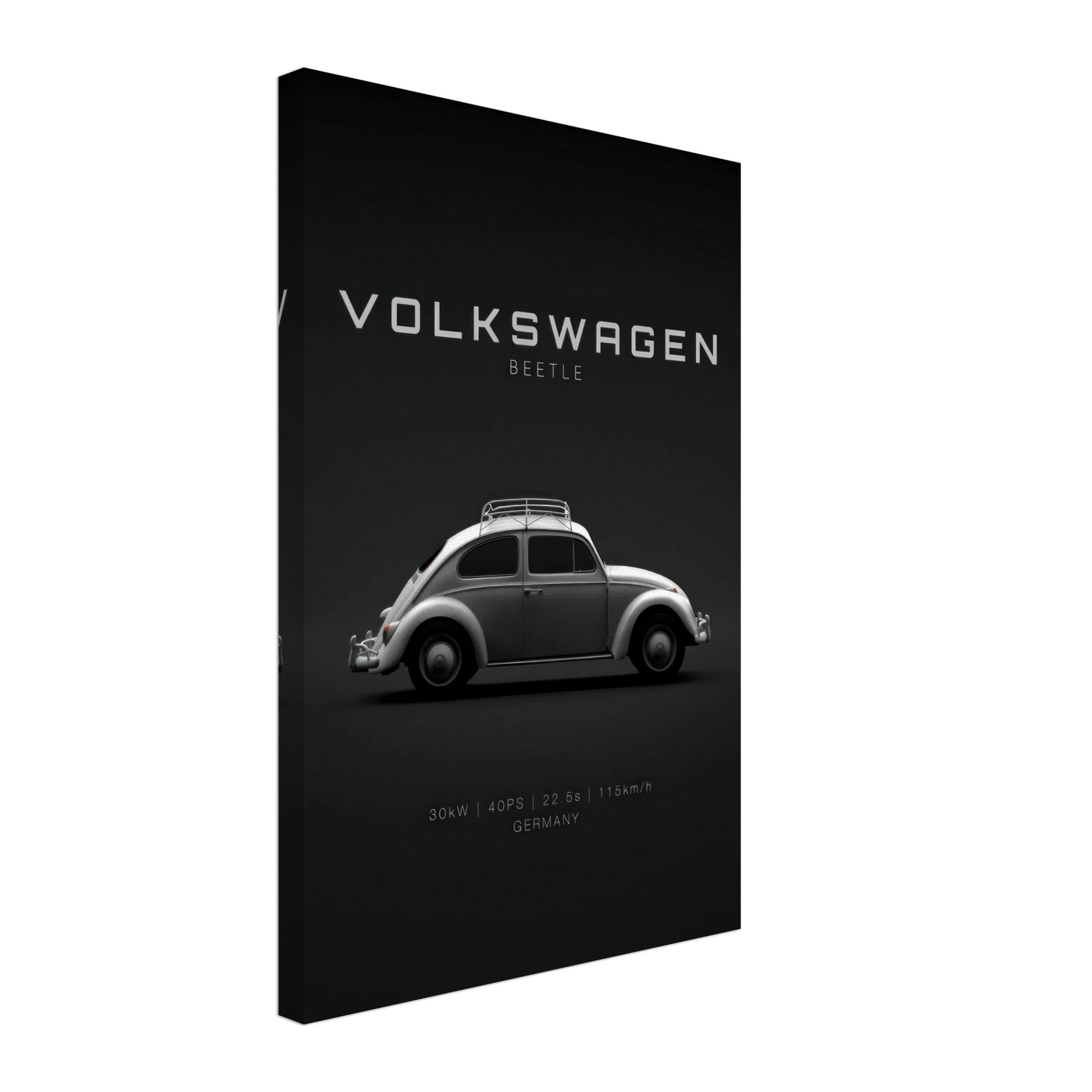 Volkswagen Beetle canvas artwork featuring a vintage car silhouette on a sleek black background.
